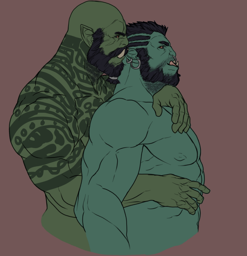 1:1 2boys 5_fingers abs affection affectionate alternative_hairstyle arm_around_neck arm_around_waist arms_around_partner bald bara beard beefy behind_another biceps big_muscles black_hair black_sclera color completely_nude couple cuddling cute daddy dark_hair digital_media_(artwork) dilf duo ear_bite ear_piercing earrings embrace eyes facial_hair feet_out_of_frame gay green_skin hair height_difference humanoid licking licking_lips looking_at_another looking_at_partner looking_back male male_only manly masculine mauve_background movd muscles muscular muscular_male naked nibbling nipples nose_piercing nose_rings nude orange_eyes orc original_character original_characters out_of_frame_censoring passionate pecs pierced_ears pierced_nose piercing piercings plain_background playful pointy_ears red_background romantic septum_piercing shirtless sideburns tattoo tattoos tied_beard tongue tongue_out tusks yaoi