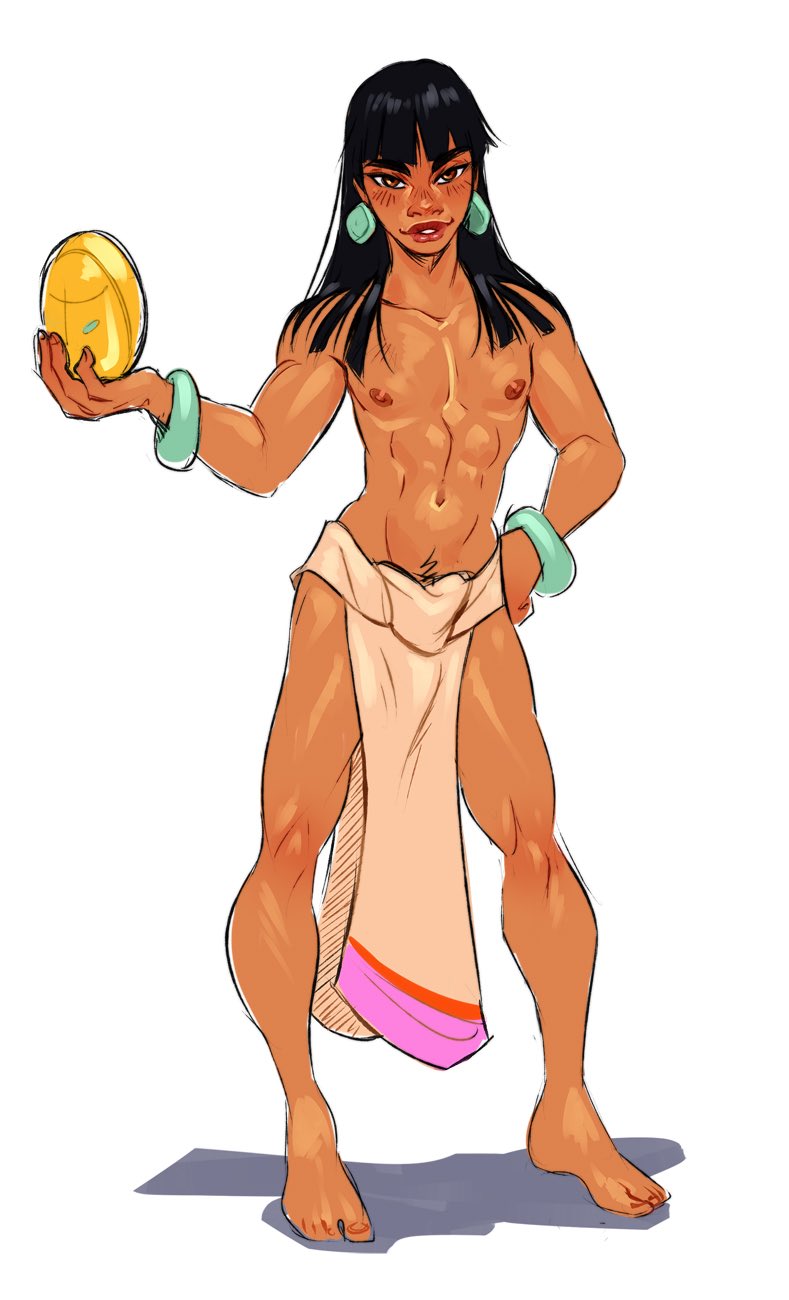 1boy ambush_(trap) androgynous bangs black_hair bracelet chel dreamworks earrings femboy genderswap_(ftm) green_earrings jewelry lips loincloth long_hair male_only mayan native_american_male nipples pubic_hair ripushko rule_63 smile solo solo_male the_road_to_el_dorado toned trap