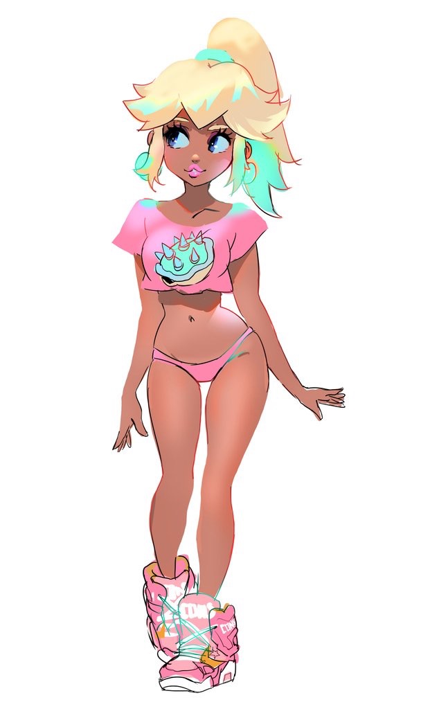 bimbo, blonde hair, breasts, crop top, dark skin, female, mario (series), midriff, moxie2d, nintendo, panties, ponytail, princess peach, small breasts, solo, tan, thighs