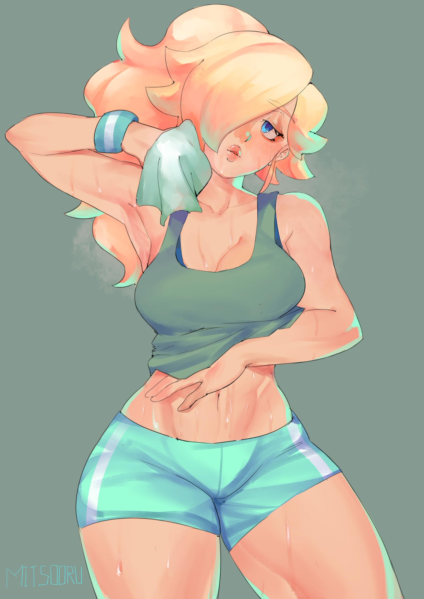 1girls, armpits, bare shoulders, big breasts, blonde hair, blue eyes, breasts, cleavage, clothing, female, female only, fit, grey background, hair over one eye, head tilt, highres, human, legs, long hair, long ponytail, looking away, mario (series), midriff, mitsooru, navel, nintendo, ponytail, princess rosalina, shirt lift, short shorts, shorts, simple background, solo, solo female, solo focus, sportswear, standing, stomach, super mario galaxy, sweat, sweating, tank top, thick thighs, thighs, tied hair, wide hips