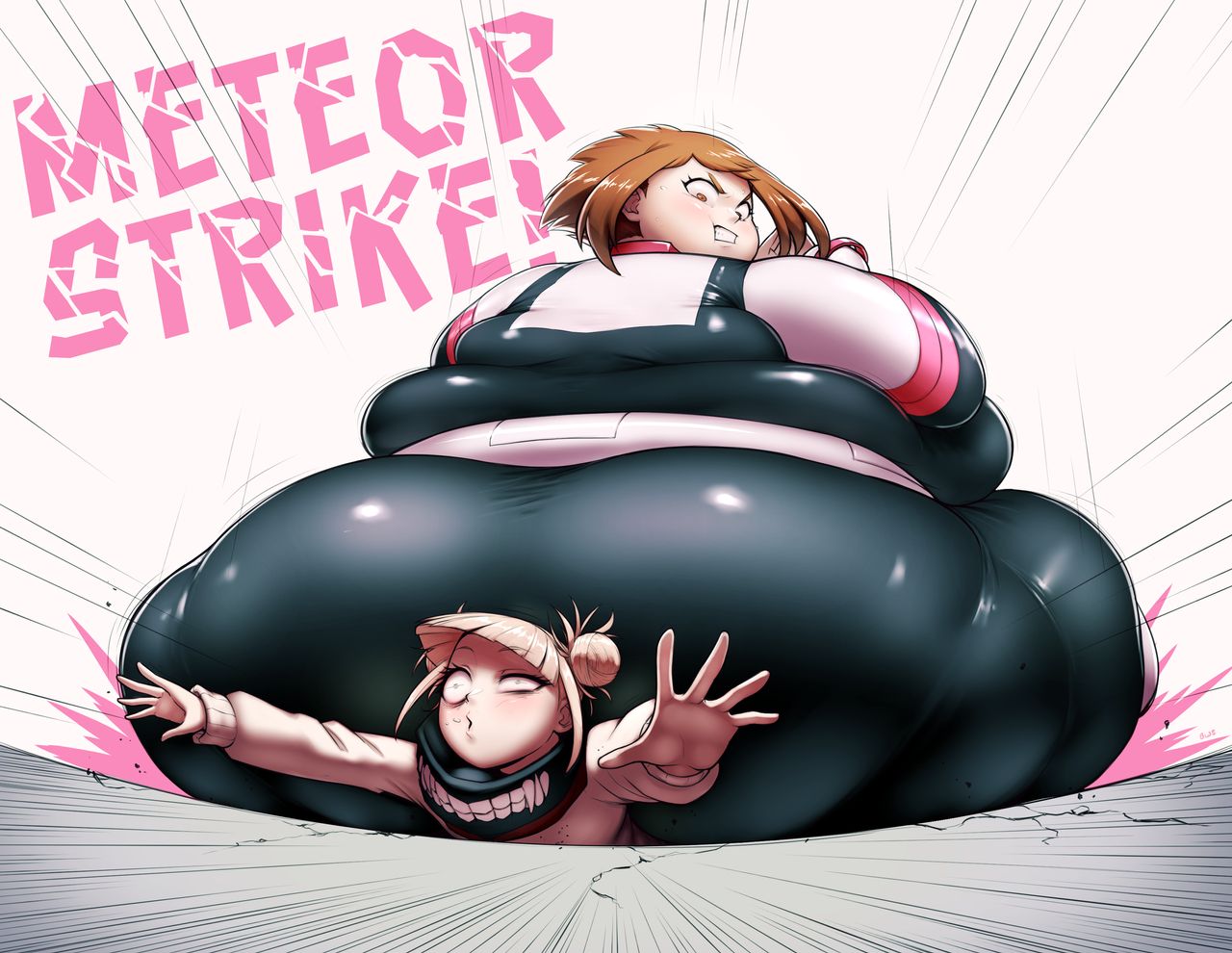 2girls, ass, bbw, better with salt, bodysuit, boku no hero academia, brown eyes, brown hair, buttcrush, cardigan, crushing, double bun, fat, fat female, female, female only, femdom, fight, himiko toga, huge ass, hyper fat, multiple females, multiple girls, my hero academia, obese, ochako uraraka, overweight female, short hair, sidelocks, sitting, sitting on person, size difference, thick thighs, thighs, toga himiko, uraraka ochaco, uraraka ochako, yuri