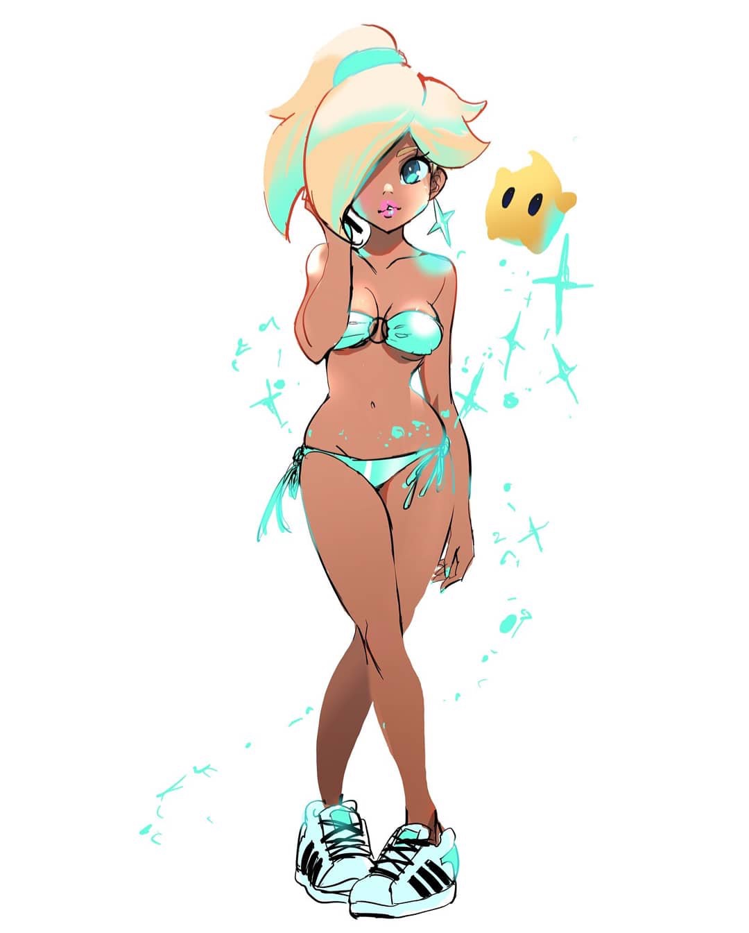big breasts, bikini, blonde hair, breasts, dark skin, female, luma, mario (series), moxie2d, nintendo, ponytail, princess rosalina, solo, super mario galaxy