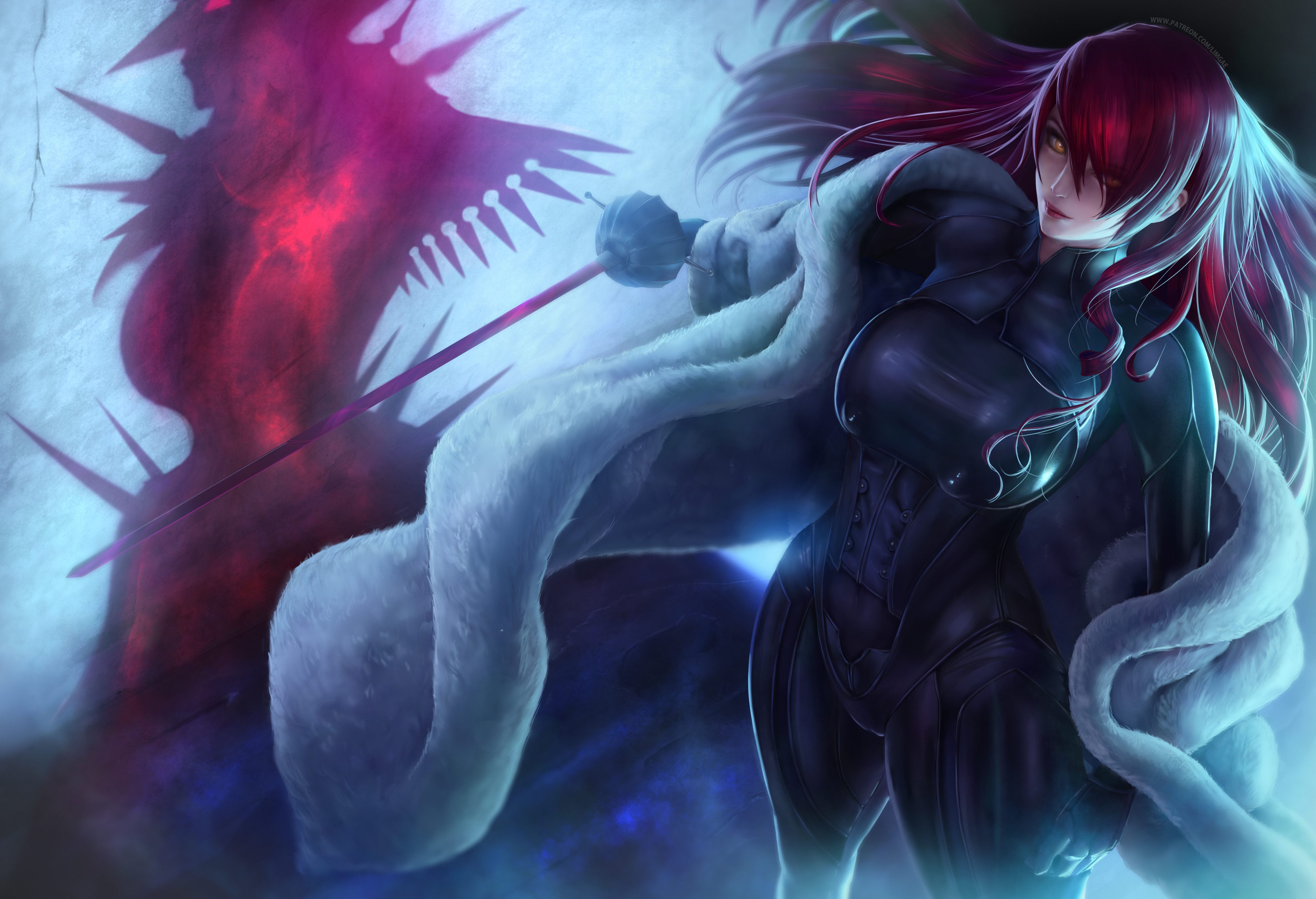 1girls, breasts, clothed, erect nipples under clothes, female, female only, fur coat, high resolution, highres, latex, limgae, looking at viewer, mitsuru kirijo, navel, nipples, orange eyes, persona, persona 3, red hair, source request, sword, thick thighs, weapon, wide hips