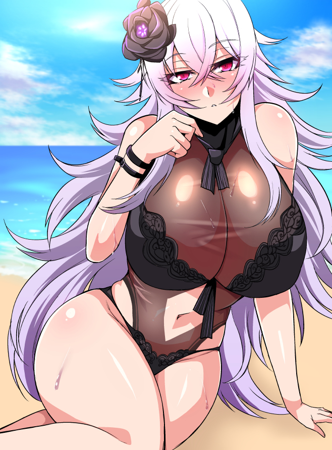 1girls, azur lane, beach, breasts, female, female only, graf zeppelin (azur lane), graf zeppelin (beachside urd) (azur lane), huge breasts, iron blood (azur lane), lavender hair, light skin, light-skinned female, long hair, nishida megane, ocean, outdoors, red eyes, solo, swimsuit, very long hair