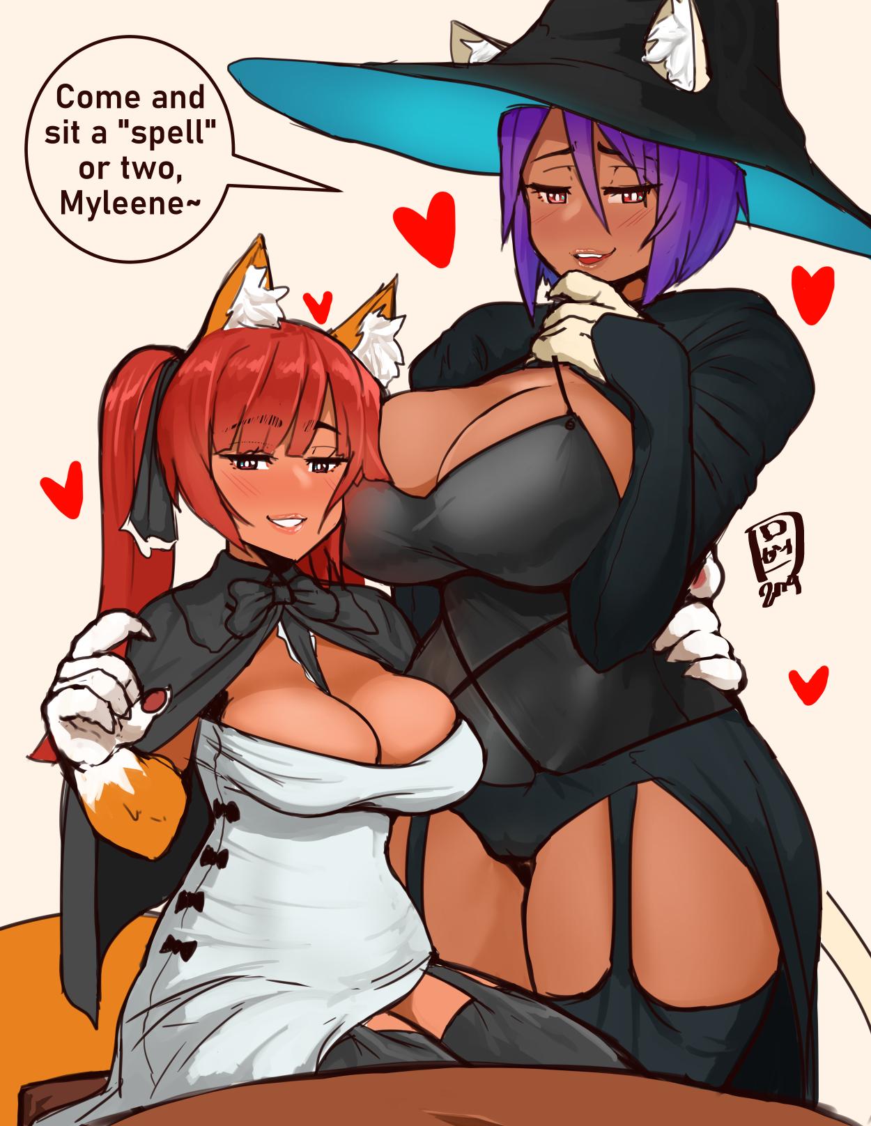 2girls, animal genitalia on humanoid, big breasts, blush, breasts, cat girl, catgirl, cleavage, female, female only, gaikiken, horsecock on humanoid, huge breasts, large breasts, looking at viewer, speech bubble, text