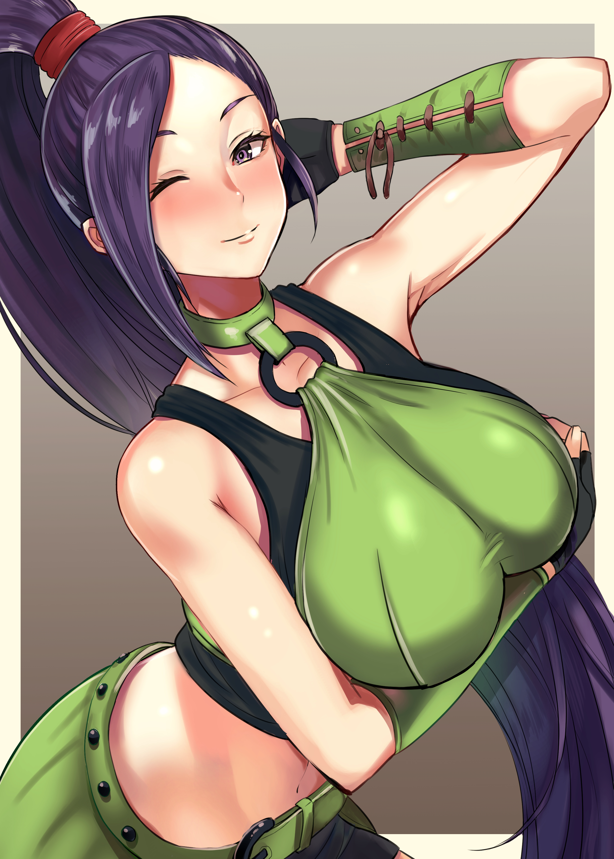 1girls, big breasts, blush, breasts, cleavage, clothing, dragon quest, dragon quest xi, female, female only, jade (dq11), large breasts, looking at viewer, pukara, shorts, solo