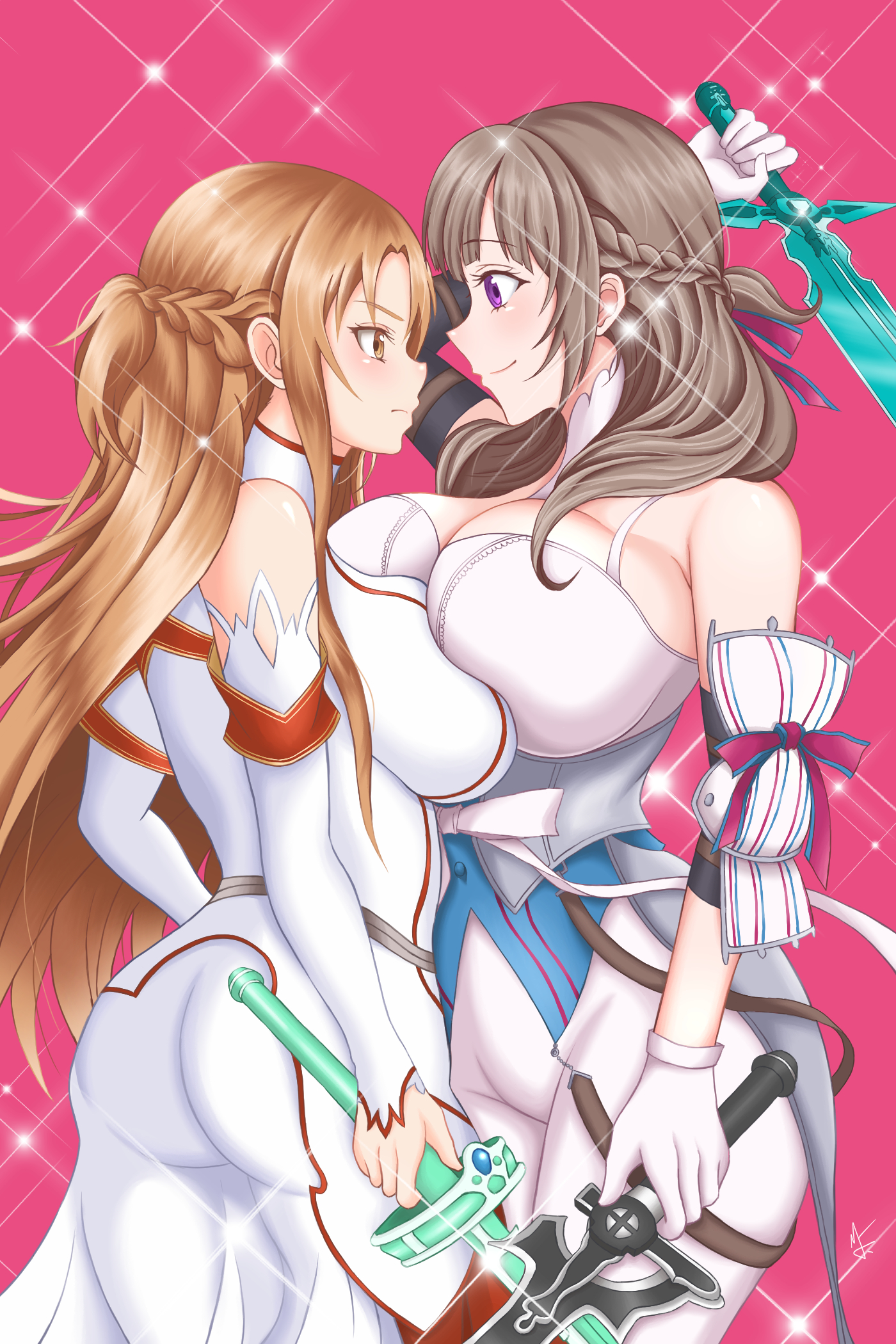 2girls, alternate breast size, armor, breast press, breasts, brown eyes, brown hair, crossover, dress, female, female only, gloves, milf, oosuki mamako, sword art online, tsuujou kougeki ga zentai kougeki de ni-kai kougeki no okaasan wa suki desu ka?, yuuki asuna