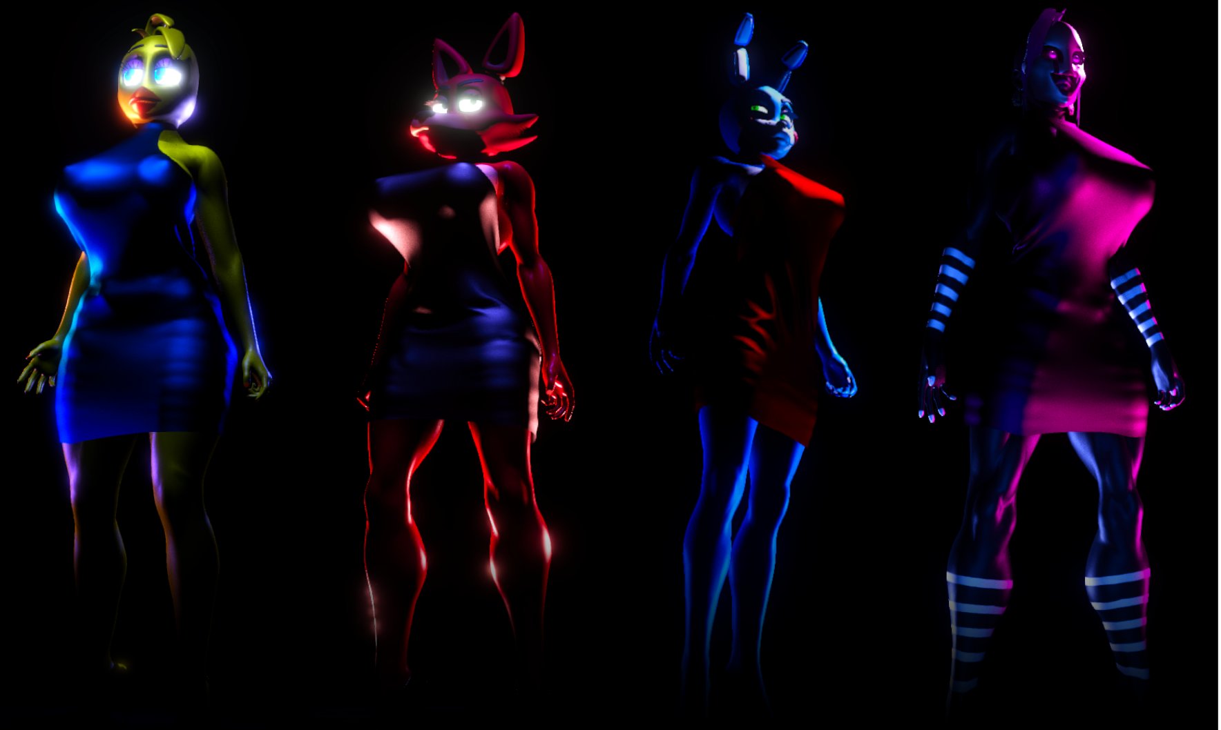 3d, 3d (artwork), 4girls, animatronic, big breasts, black body, black skin, blue body, blue fur, blue hair, blue skin, breasts, bunny ears, bunny girl, busty, chica (fnaf), chicken, chicken girl, cleavage, dress, female, female only, five nights at freddy's, five nights at freddy's 2, fox ears, fox girl, foxy (fnaf), foxy (rubikon), glowing eyes, green eyes, hips, hourglass figure, humanoid, large breasts, legs, lips, looking at viewer, marionette (fnaf), mask, mature, mature female, muscles, muscular, muscular female, nipples, puppet (fnaf), puppet (rubikon), purple body, purple eyes, purple skin, rabbit, rabbit ears, rabbit girl, rubikon (artist), ruby (rubikon), stripes, thick, thick legs, thick lips, thick thighs, thighs, toned, toned female, toy bonnie (fnaf), virt-a-mate, virtamate, voluptuous, white fur, white mask, white skin, white stripes, yellow feathers, yellow skin