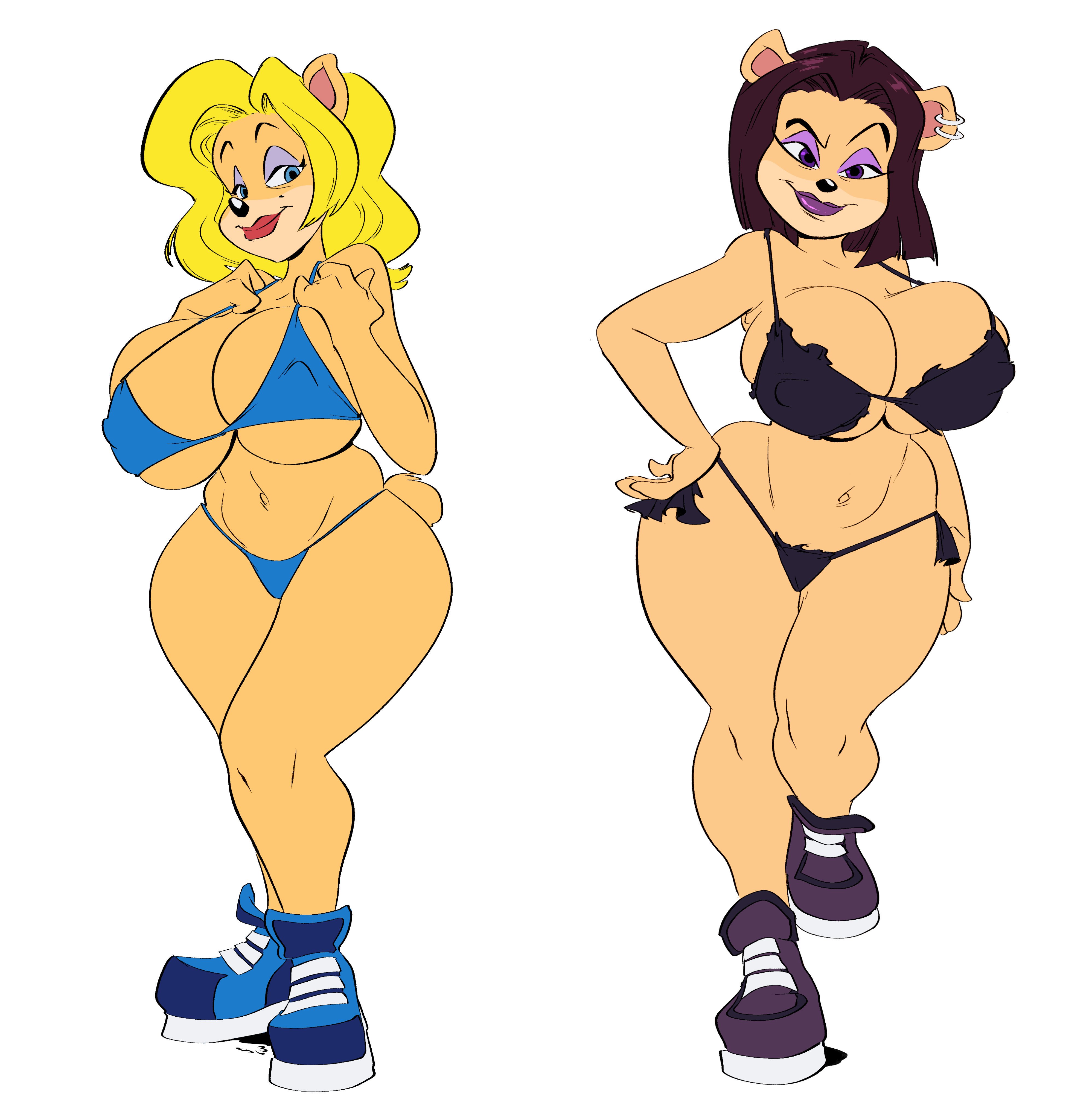 anthro, ass, bandicoot, big breasts, bikini, black hair, breasts, busty, crash (series), curvy, ear piercing, female, furry, huge breasts, isabella bandicoot, lipstick, liz bandicoot, marsupial, piercing, purple lipstick, red lipstick, shoes, slb, thick, thick thighs, wide hips