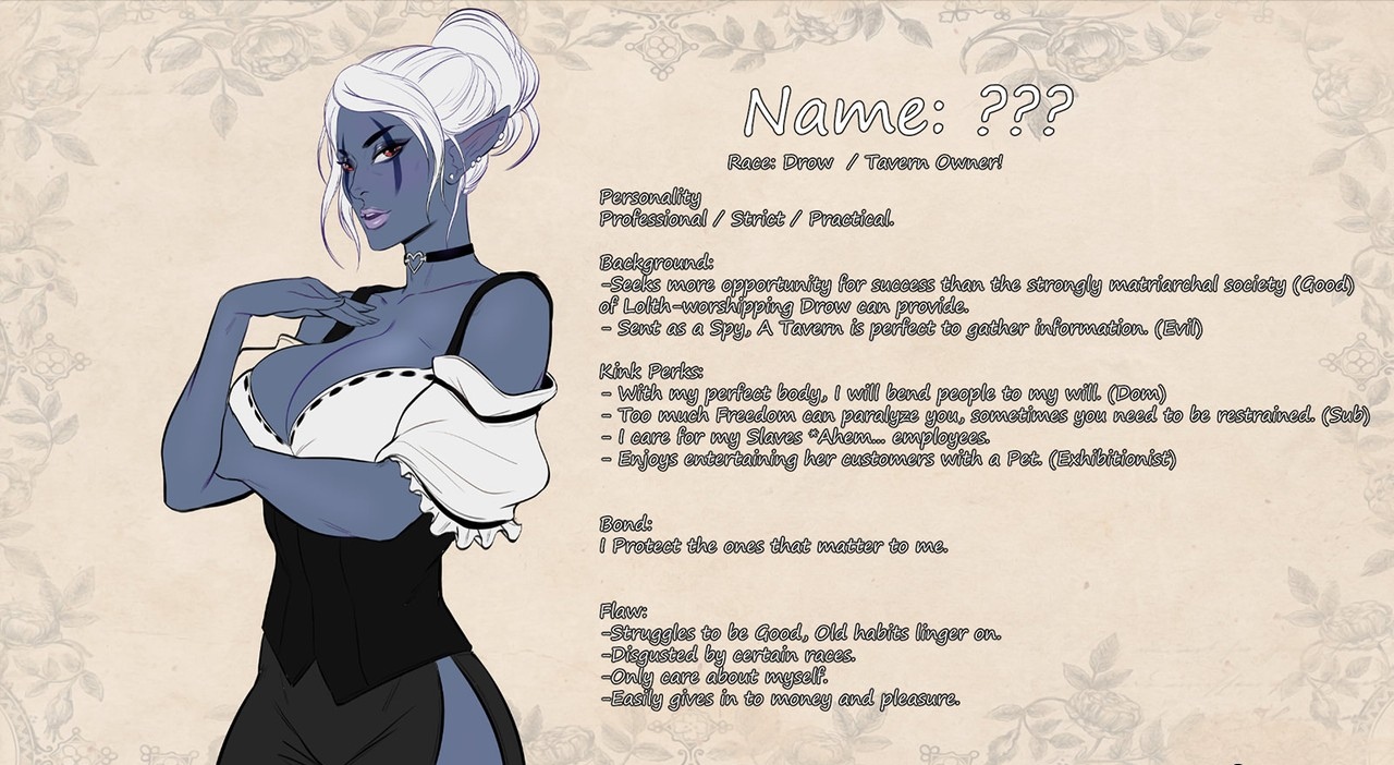 1girls, blue skin, breasts, character profile, character sheet, cherry-gig, choker, dungeons and dragons, elf, female, female only, forgotten realms, original, servant, sinafay (cherry-gig), the honeypot (cherry-gig)
