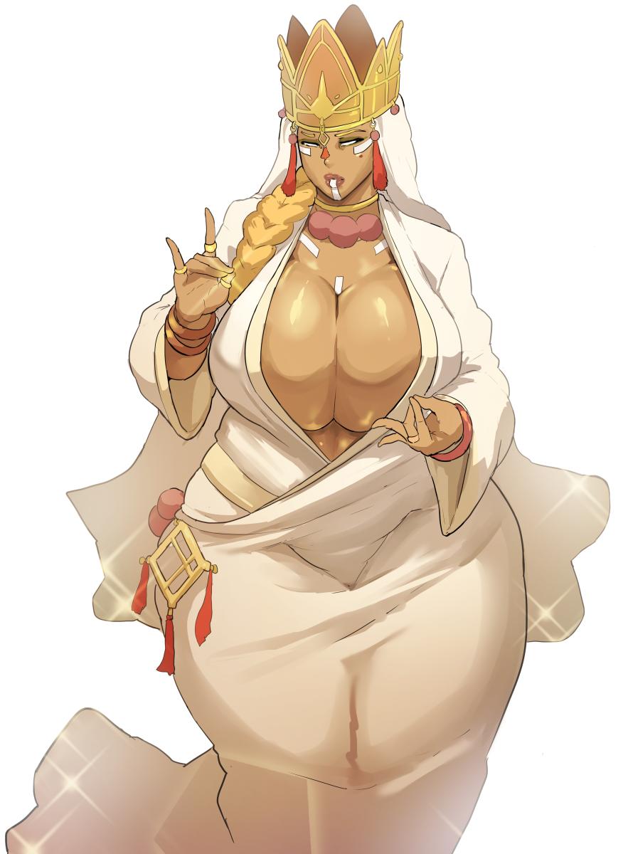 1girls, ass, bottom heavy, bracelet, braided hair, breasts, busty, chubby, cleavage, clothed, crown, curvy, dark skin, dark-skinned female, donaught, dress, eye contact, female, female only, half-closed eyes, headdress, huge ass, huge breasts, jewelry, looking at viewer, original character, pose, redbone, rings, solo, standing, thick thighs, venus body, voluptuous, white background, white eyes, wide hips