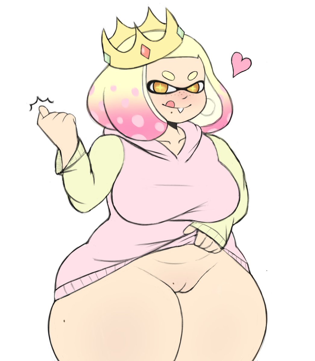 1girls, alternate body type, citrus doodles, crown, female, freckles, heart, humanoid, inkling, innie pussy, licking lips, lifting, light skin, light-skinned female, looking at viewer, mole, off the hook (splatoon), pearl (splatoon), pussy, shaved pussy, short hair, splatoon, tentacle hair, thighhighs, tongue, tongue out, two-tone hair