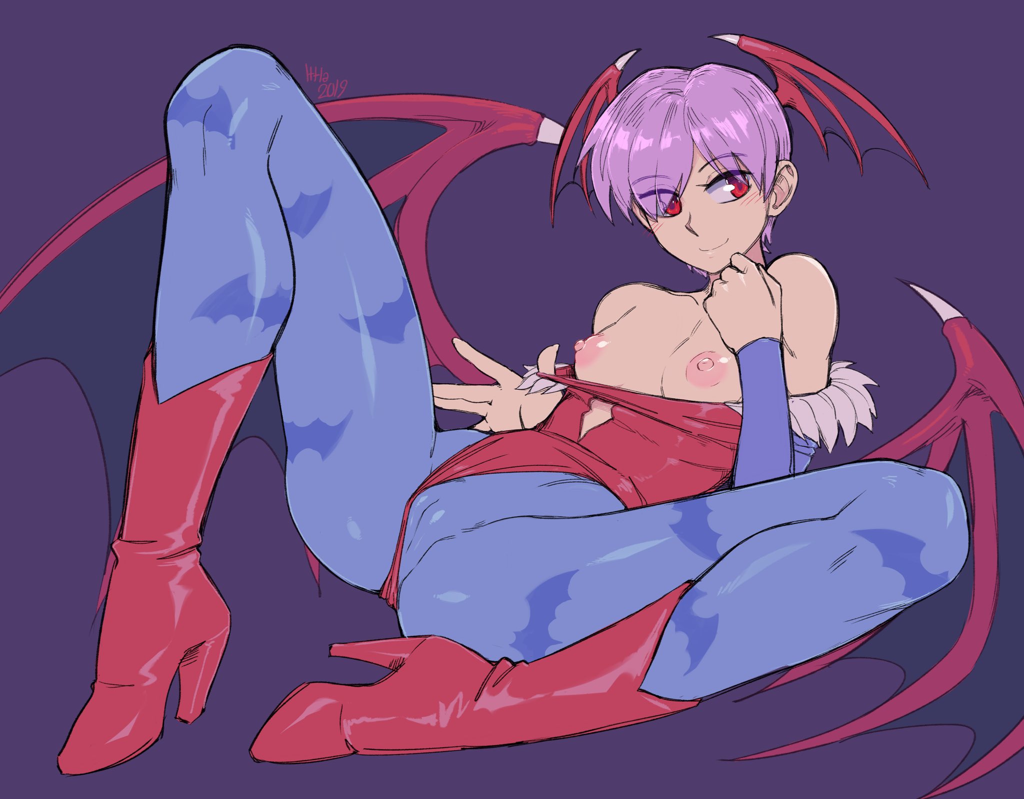 1girls, areolae, bare shoulders, boots, breasts, clothing, darkstalkers, demon, demon girl, female, female only, flat chest, head wings, high heels, ittla, leotard, lilith aensland, nipples, pantyhose, purple hair, red eyes, small breasts, smile, solo, spread legs, succubus