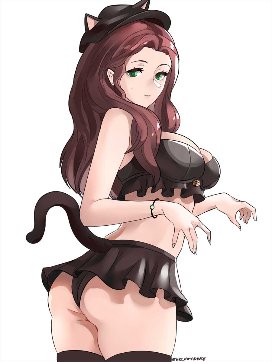 bell black_hat bracelet brown_hair cat_ears cat_tail crop_top dorothea_arnault fire_emblem fire_emblem:_three_houses green_eyes hat nintendo skirt solo solo_female the_kingduke thighhighs tommietomm