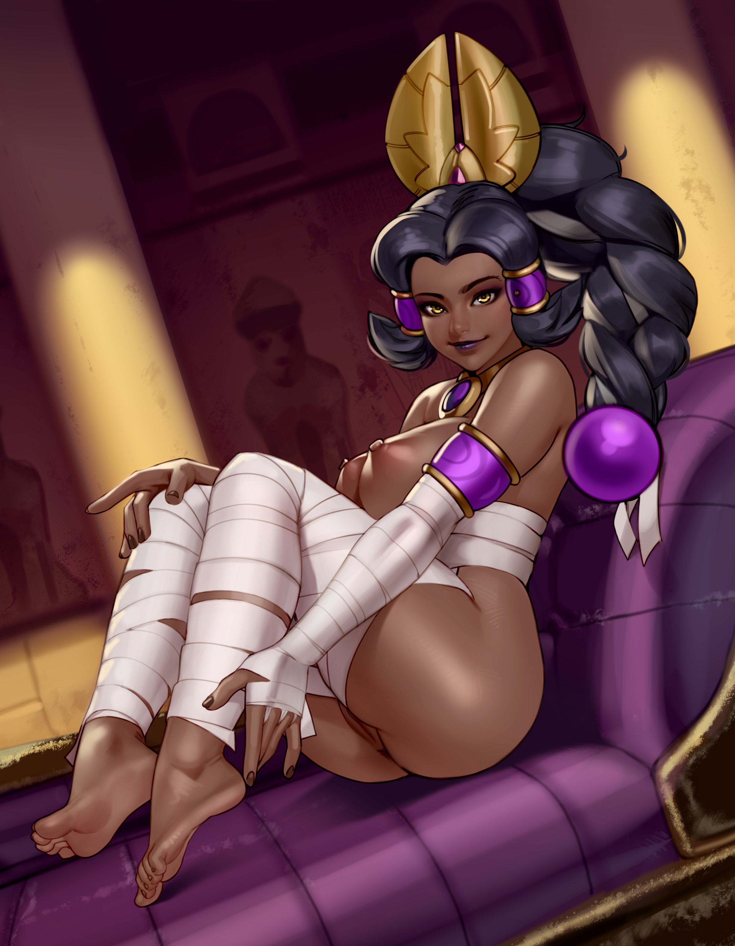1girls, anus, areolae, barefoot, big breasts, breasts, dark skin, dark-skinned female, feet, female, female only, kairuhentai, kairunoburogu, large breasts, looking at viewer, nipples, nude, pussy, solo, toes