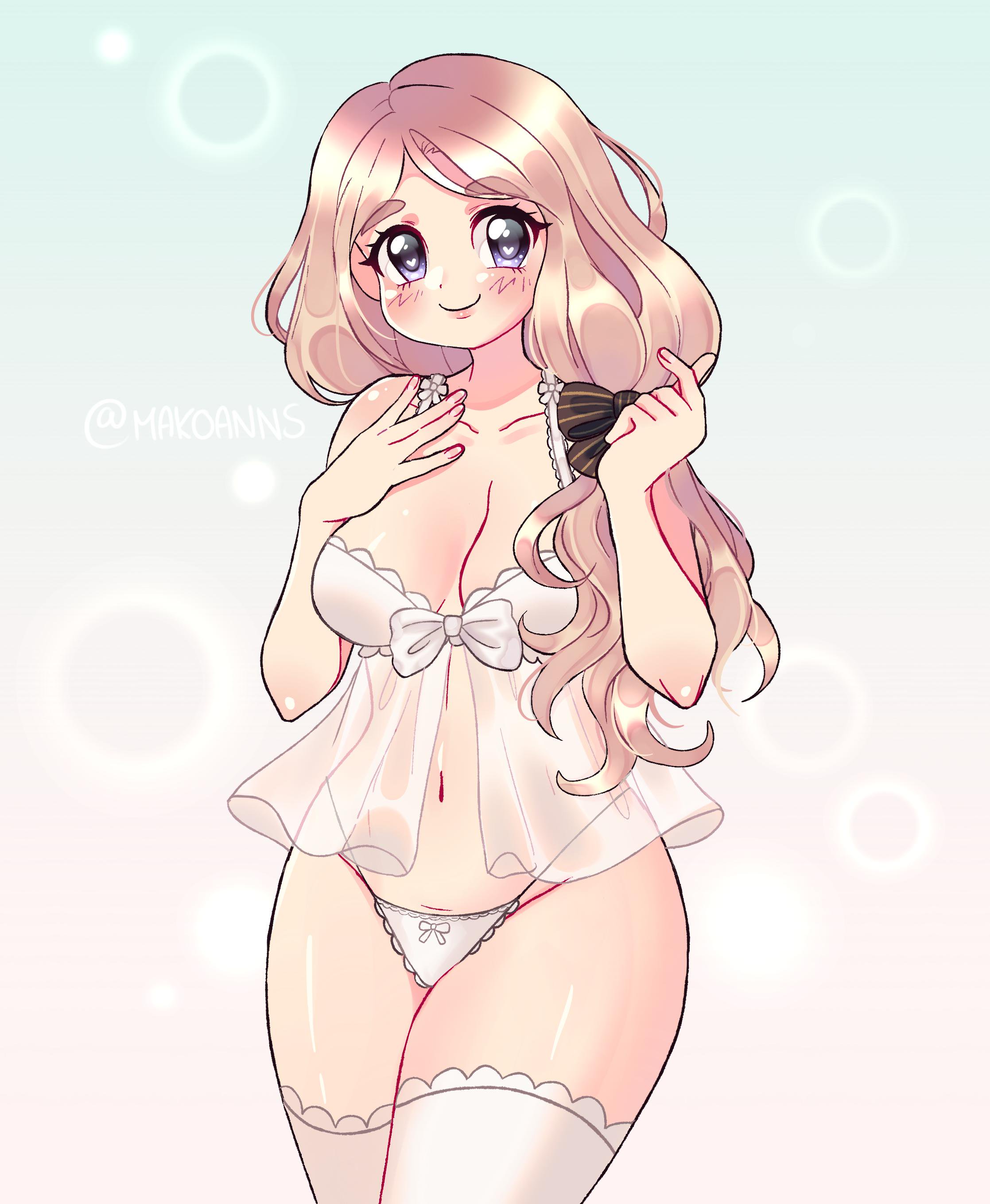 1girls, babydoll, blonde hair, blue eyes, bow, bra, breasts, cleavage, cute, eyebrows visible through hair, female, female only, fire emblem, fire emblem: three houses, hair ornament, hair ribbon, heart-shaped pupils, human, lingerie, makoanns, mercedes von martritz, navel, negligee, nintendo, panties, ribbon, shiny, shiny skin, smile, smiling, solo, standing, thick thighs, thighhighs, thighs, white bra, white legwear, white lingerie, white panties, white thighhighs