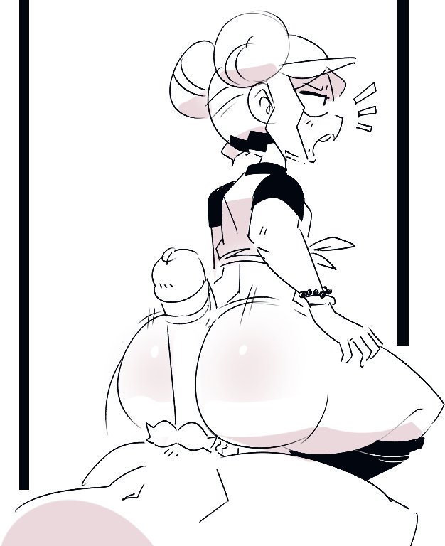 1boy, 1girls, ass, assjob, big ass, big penis, boss (gats), bottomless, bracelet, buttjob, covered assjob, covered buttjob, cum, cum drip, double bun, duo, female, gats, hair bun, human, male, original, original character, penis, pizza thot, shirt, shortstack, sketch, straight, thick thighs, thighs