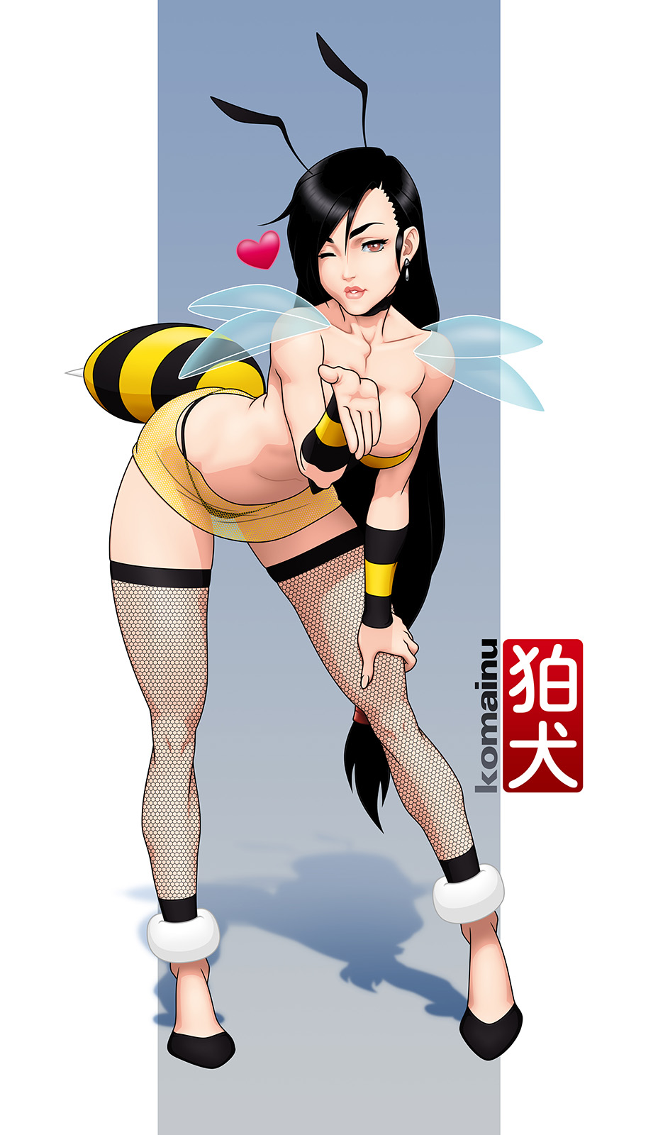 1girls athletic bare_arms bare_shoulders bee bee_costume bee_girl black_hair blowing_kiss cleavage earrings female female_focus female_only final_fantasy final_fantasy_vii high_heels honey_bee_inn honeybee_inn_uniform honeygirl komainu_(artist) lipstick long_hair navel pinup pose posing see-through sensual tagme thick_thighs thighhighs tifa_lockhart wide_hips wink