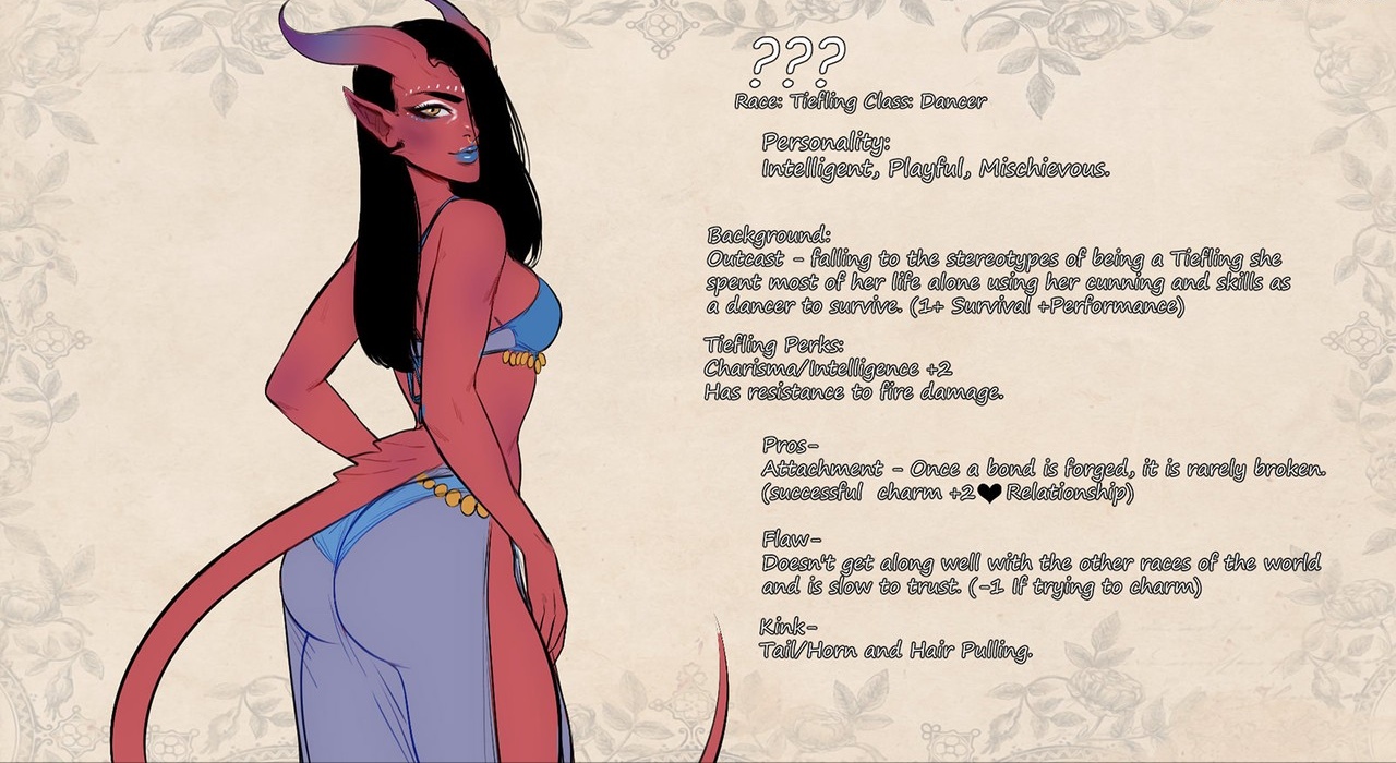 1girls, bare arms, black hair, blue lipstick, breasts, character profile, character sheet, cherry-gig, demon, demon girl, demon horns, dungeons and dragons, english text, female, female only, harem outfit, horns, larissa (cherry-gig), long hair, original, red skin, see-through, tail, the honeypot (cherry-gig), tiefling, yellow eyes