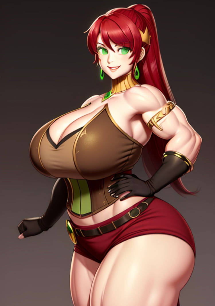 ai_generated arm_gloves armbands armpits armwear big_ass big_breasts cleavage corset earrings eyes female female_focus female_only green_eyes huge_breasts muscular_arms muscular_female ponytail pyrrha_nikos red_hair rwby short_shorts smile smiling standing thick thick_thighs transformationwitch voluptuous voluptuous_female wide_hips