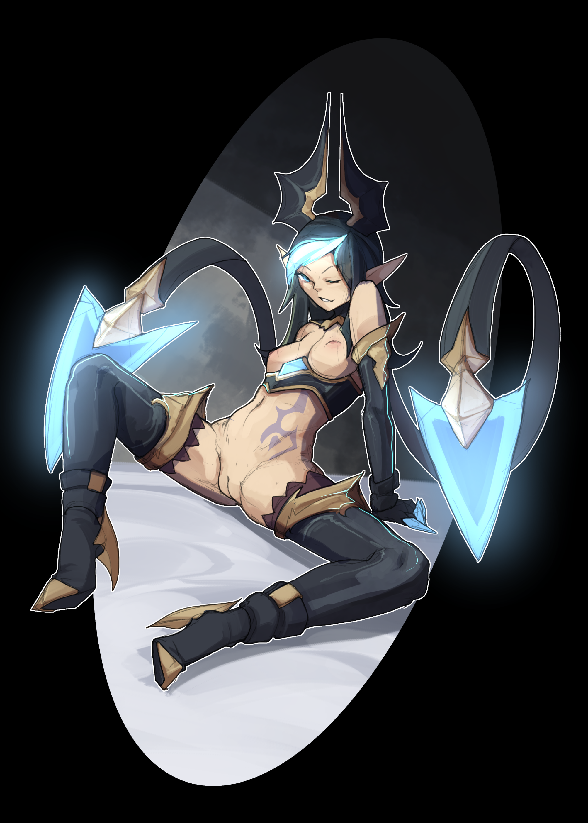1girls, areolae, arm support, armwear, black hair, blue eyes, blue highlights, breasts, death sworn series, elf ears, evelynn, female, headwear, league of legends, naked footwear, nipples, pointy ears, pussy, shadow evelynn, shuuko, small breasts, spread legs, tattoo, thighhighs, two-tone hair, wink