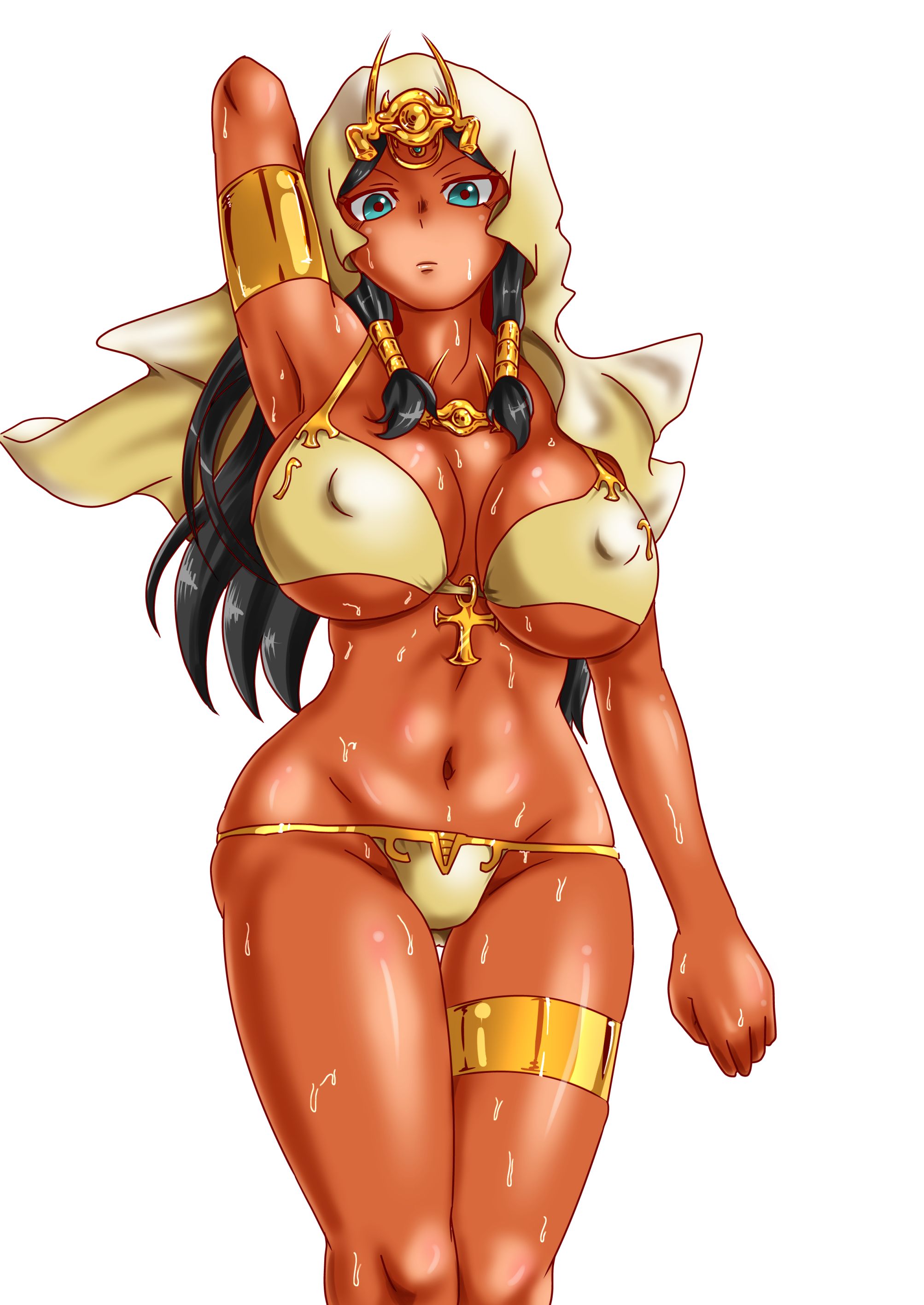 1girls, black hair, blue eyes, bra, dark skin, dark-skinned female, egyptian, female, gear (artist), isis ishtar, nipple bulge, panties, sweating, voluptuous, white background, yu-gi-oh!, yu-gi-oh! duel monsters
