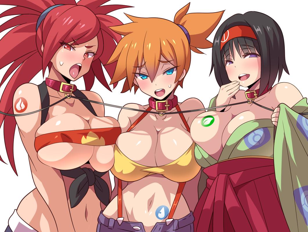 3girls ahe_gao alternate_breast_size anime_style bad_censor big_breasts blush bondage bound_together breasts censored cleavage collar covered_nipples covering erika_(pokemon) erika_(pokemon_lgpe) female female_only femsub flannery_(pokemon) flannery_(pokemon_oras) hakama hourglass_figure huge_breasts human human_only kasumi_(pokemon) kimono konno_tohiro large_breasts leash linked_collar looking_at_viewer misty_(pokemon) moaning multiple_girls multiple_subs naughty_face nintendo open_mouth orange_hair pokemon pokemon_oras pokemon_rgby red_eyes seductive seductive_smile slave smile sweatdrop tongue tongue_out