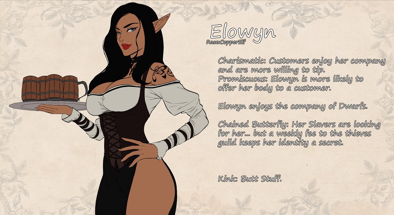 1girls, breasts, character profile, character sheet, cherry-gig, choker, cleavage, dark elf, dark skin, dark-skinned female, dungeons and dragons, elf, elf ears, elf female, elf girl, elowyn (cherry-gig), fae, female, female focus, female only, fey, medium breasts, pointed ears, pointy ears, servant, solo, tattoo, wide hips
