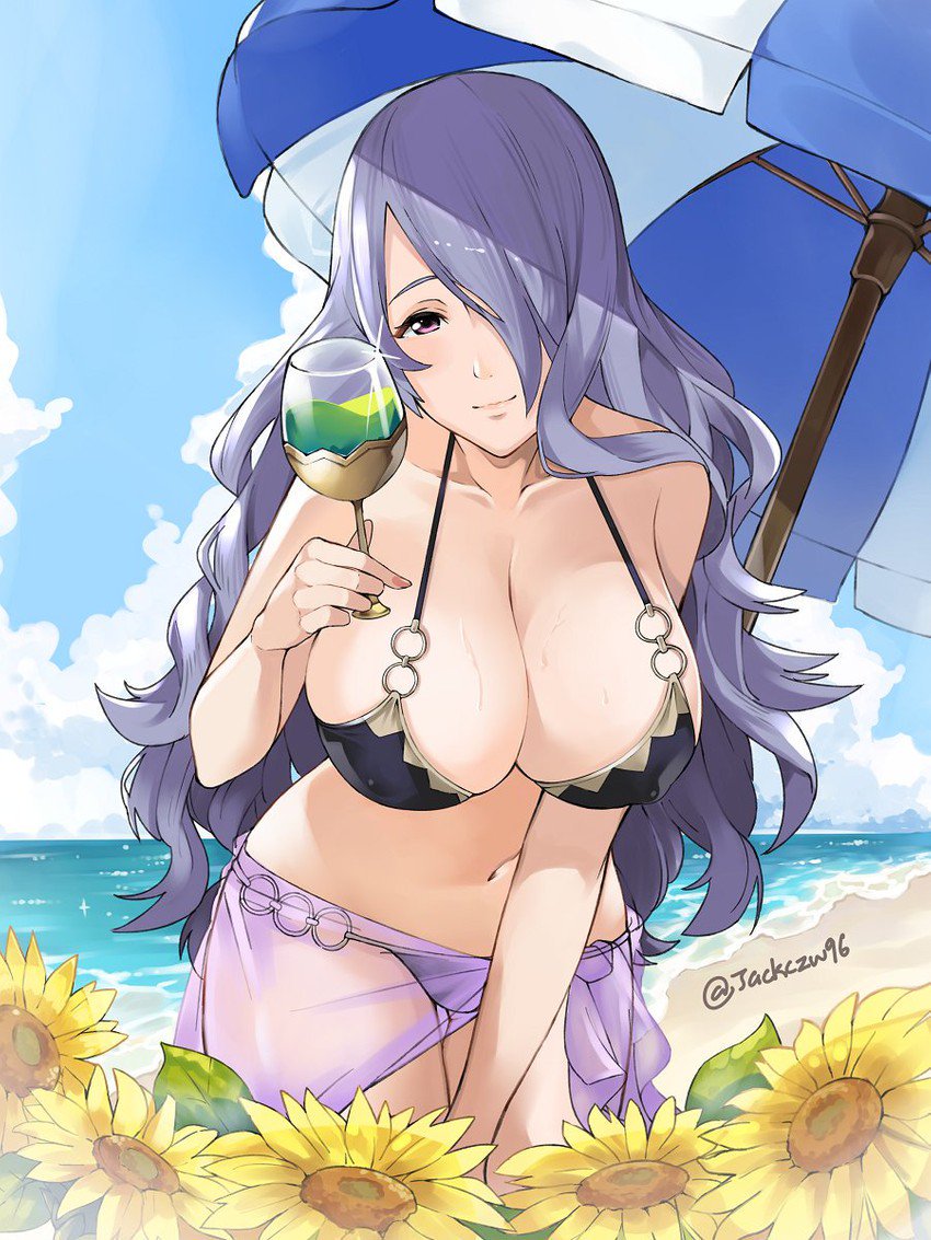 beach, bikini, breasts, camilla (fire emblem), cleavage, female, fire emblem, fire emblem fates, fire emblem heroes, large breasts, purple eyes, purple hair, smile