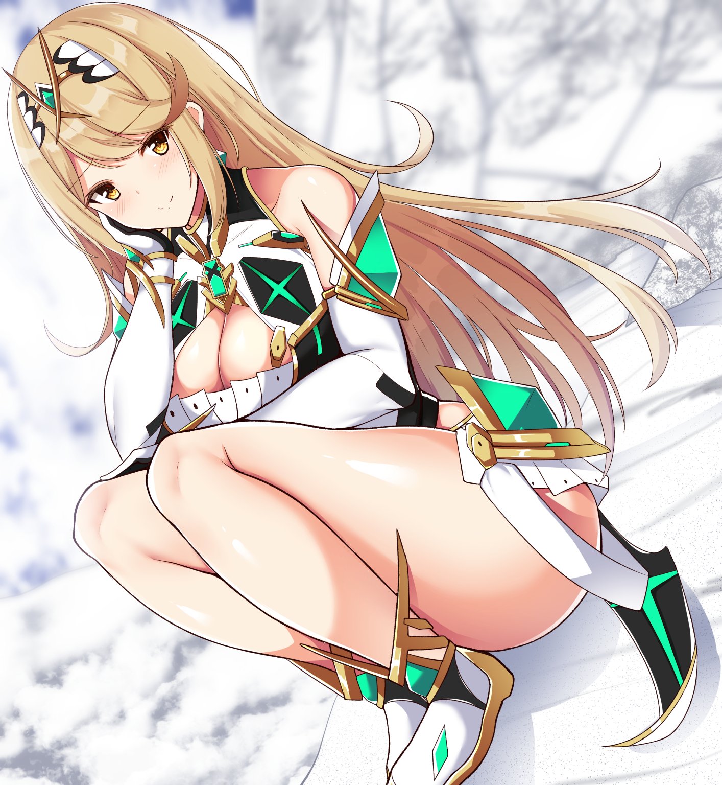 1girls, bangs, bare shoulders, blonde hair, boots, breasts, cleavage, cleavage cutout, cloud, clouds, earrings, elbow gloves, female, fetal position, gem, gloves, hair ornament, headpiece, jewelry, large breasts, legs, long hair, looking at viewer, minidress, mythra (xenoblade), nintendo, noeomi, shadow, shiny, shiny skin, smile, swept bangs, thick thighs, thighs, tiara, very long hair, white gloves, xenoblade (series), xenoblade chronicles 2, yellow eyes
