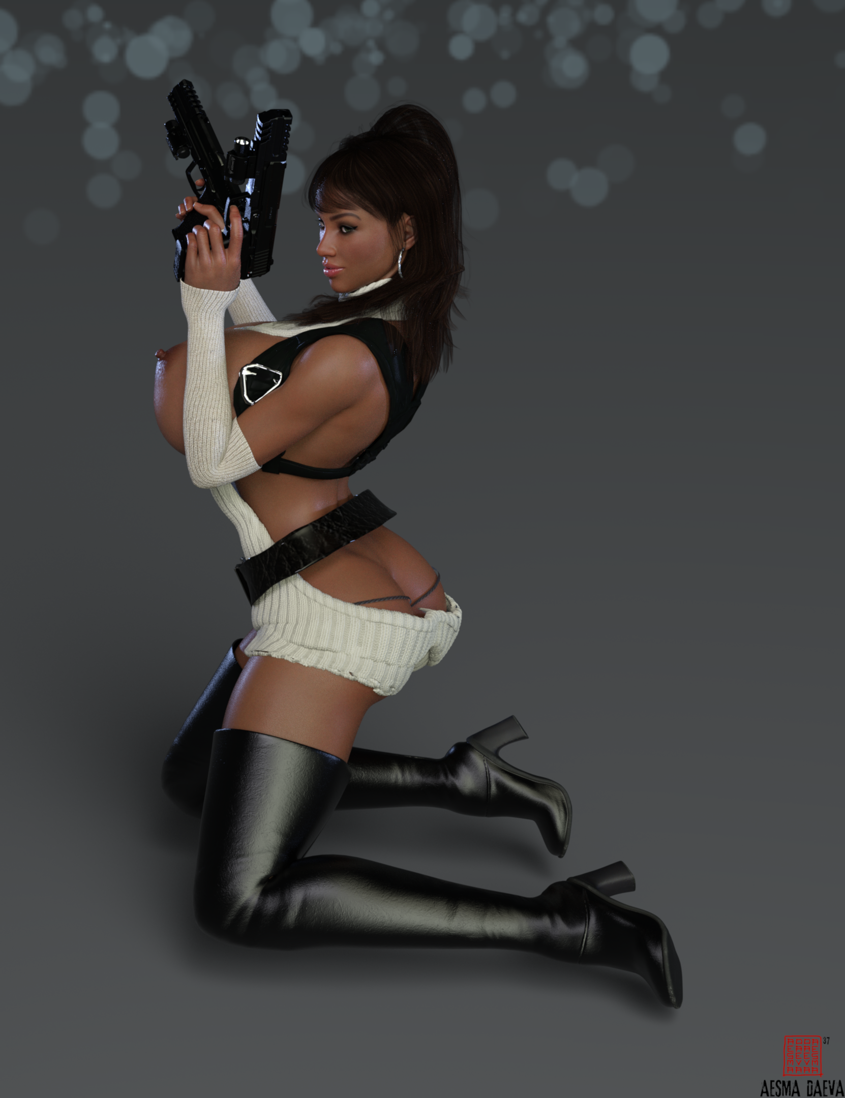 1girls, 3d, 3d (artwork), aesmadaeva37, archer (series), black boots, boots, breasts, breasts out, dark skin, dark-skinned female, earrings, female, female only, gun, high heel boots, high heels, hoop earrings, huge breasts, lana kane, solo, thigh boots, waist belt