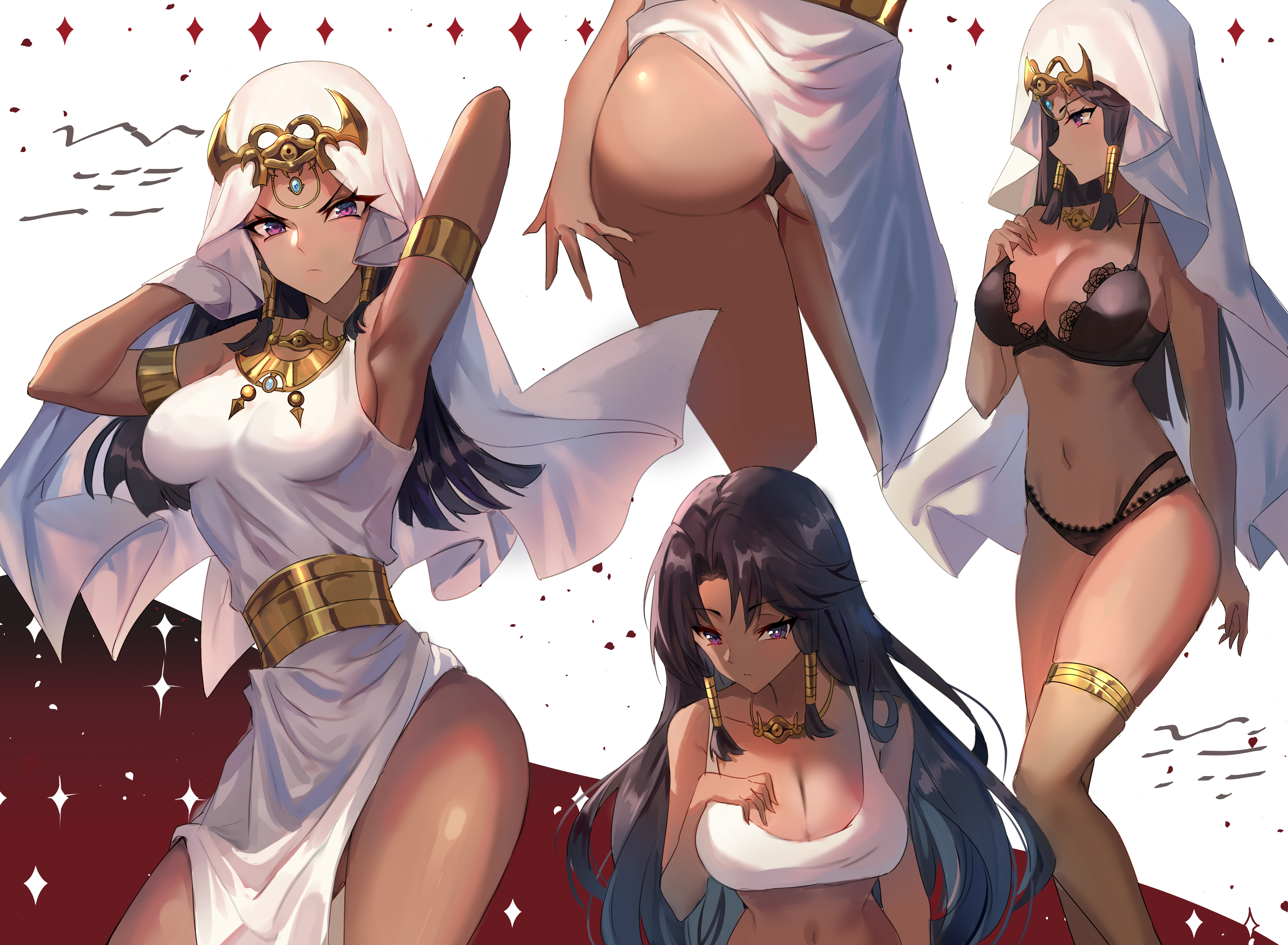 1girls, alternate breast size, armpits, arms up, ass, black panties, black underwear, bra, breasts, cleavage, dark skin, dark-skinned female, egyptian, eye contact, female, gejigejier, isis ishtar, looking at viewer, thick thighs, thigh gap, veil, wide hips, yu-gi-oh!, yu-gi-oh! duel monsters