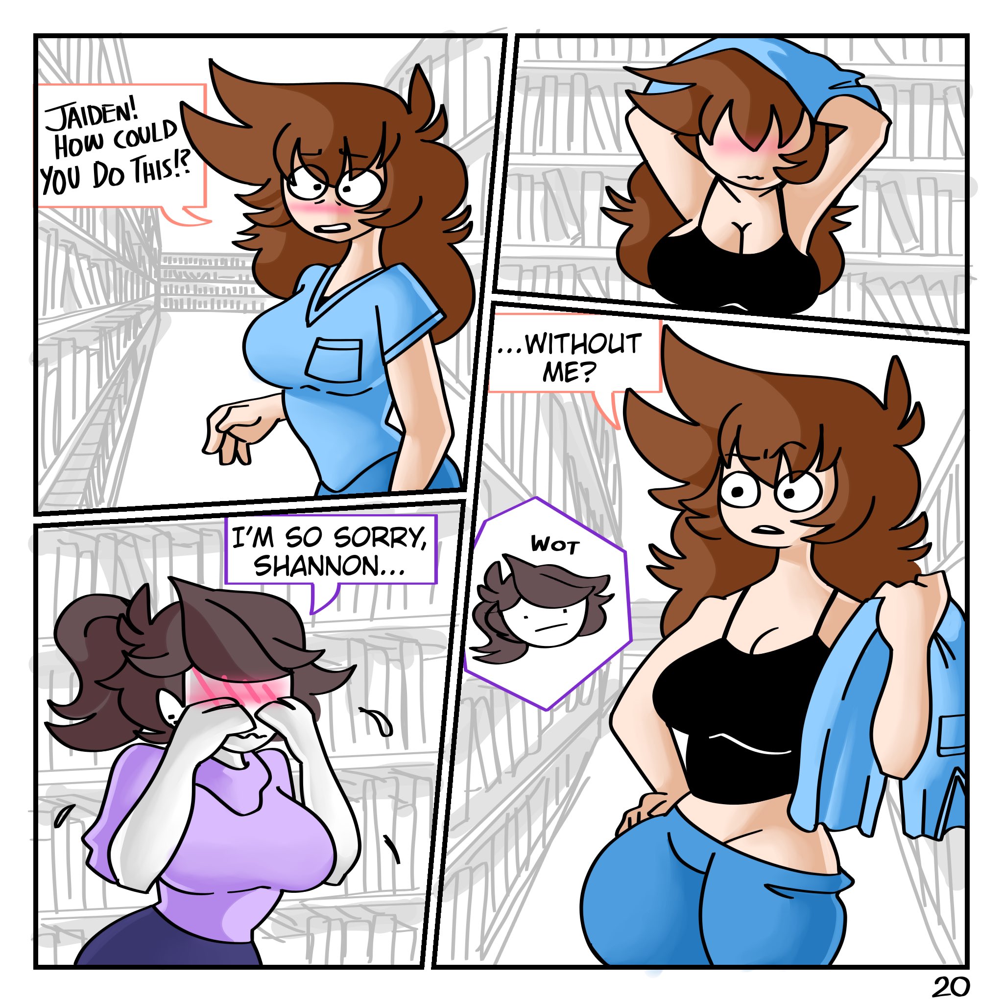 2020, 2girls, absurdres, anor3xia, ass, big ass, bimbo, blush, bottomless, breasts, bubble ass, bubble butt, cleavage, comic, crying, dialogue, embarrassed, english text, female, female only, highres, huge ass, huge breasts, jaiden, jaiden (library), jaiden animations, jaiden dittfach, jaidenanimations, large breasts, library, multiple females, multiple girls, page 20, pants pull, shannon gurr, shgurr, shirt lift, tank top, text, text box, thick ass, thick thighs, thighs, undressing, what, wide hips, youtube, youtuber