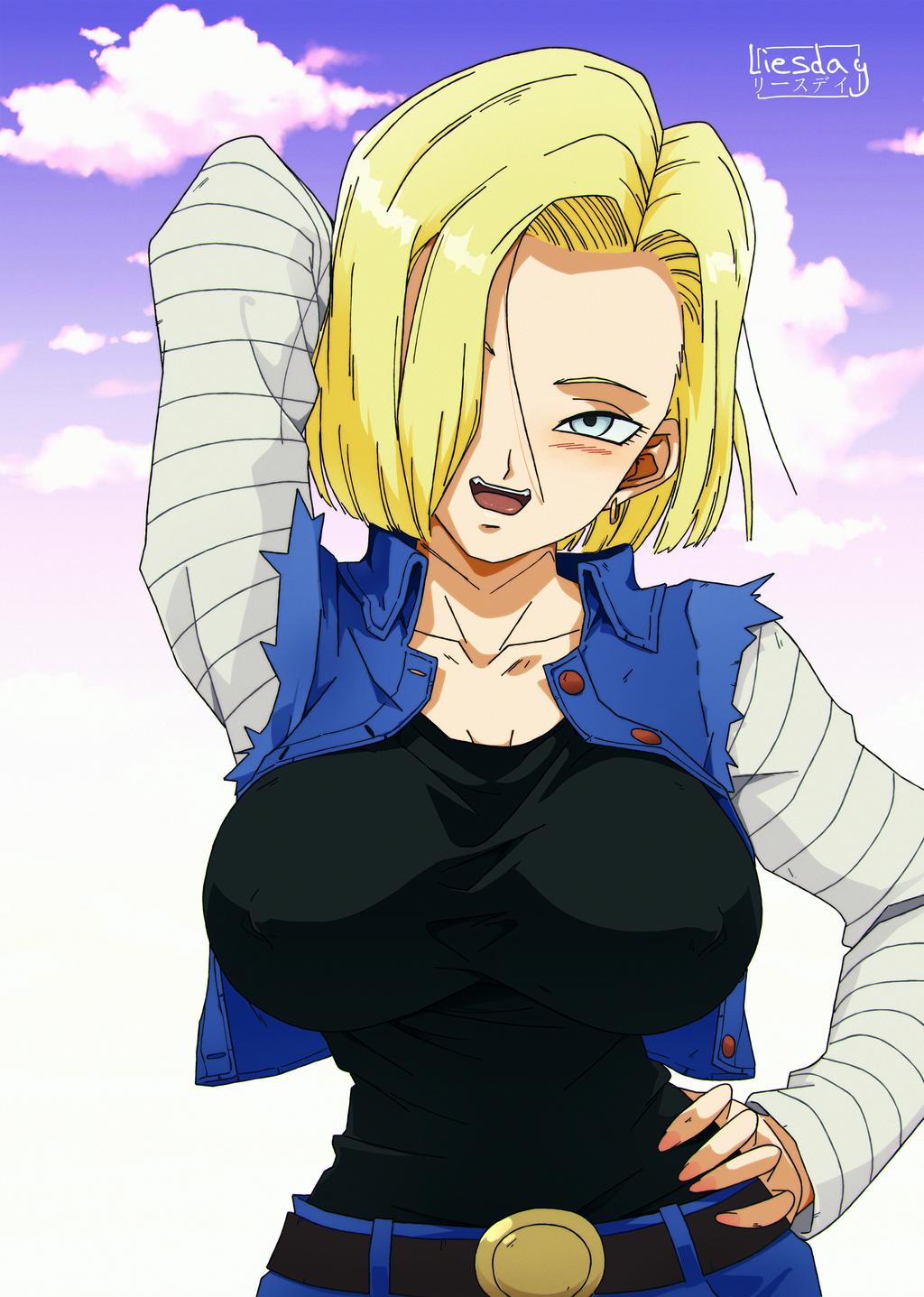 1girls android_18 blonde_hair blue_eyes cleavage curvy dragon_ball erect_nipples female huge_areolae huge_breasts liesday puffy_nipples short_hair thick_lips voluptuous