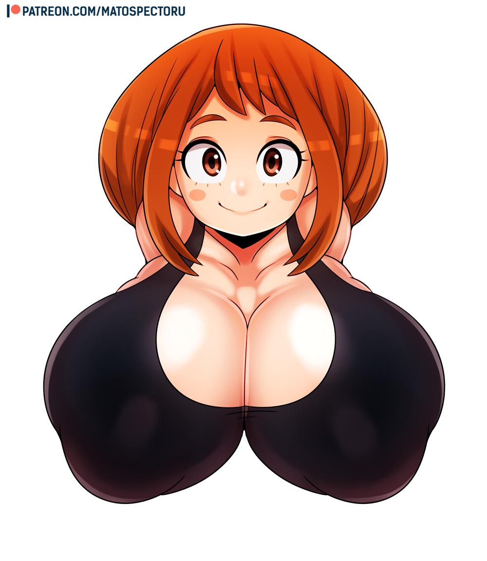 1girls alternate_breast_size artist_name big_breasts breasts brown_hair bust bust_style busty cleavage clothing female female_only hair huge_breasts large_breasts light-skinned_female light_skin matospectoru my_hero_academia ochako_uraraka patreon solo url watermark