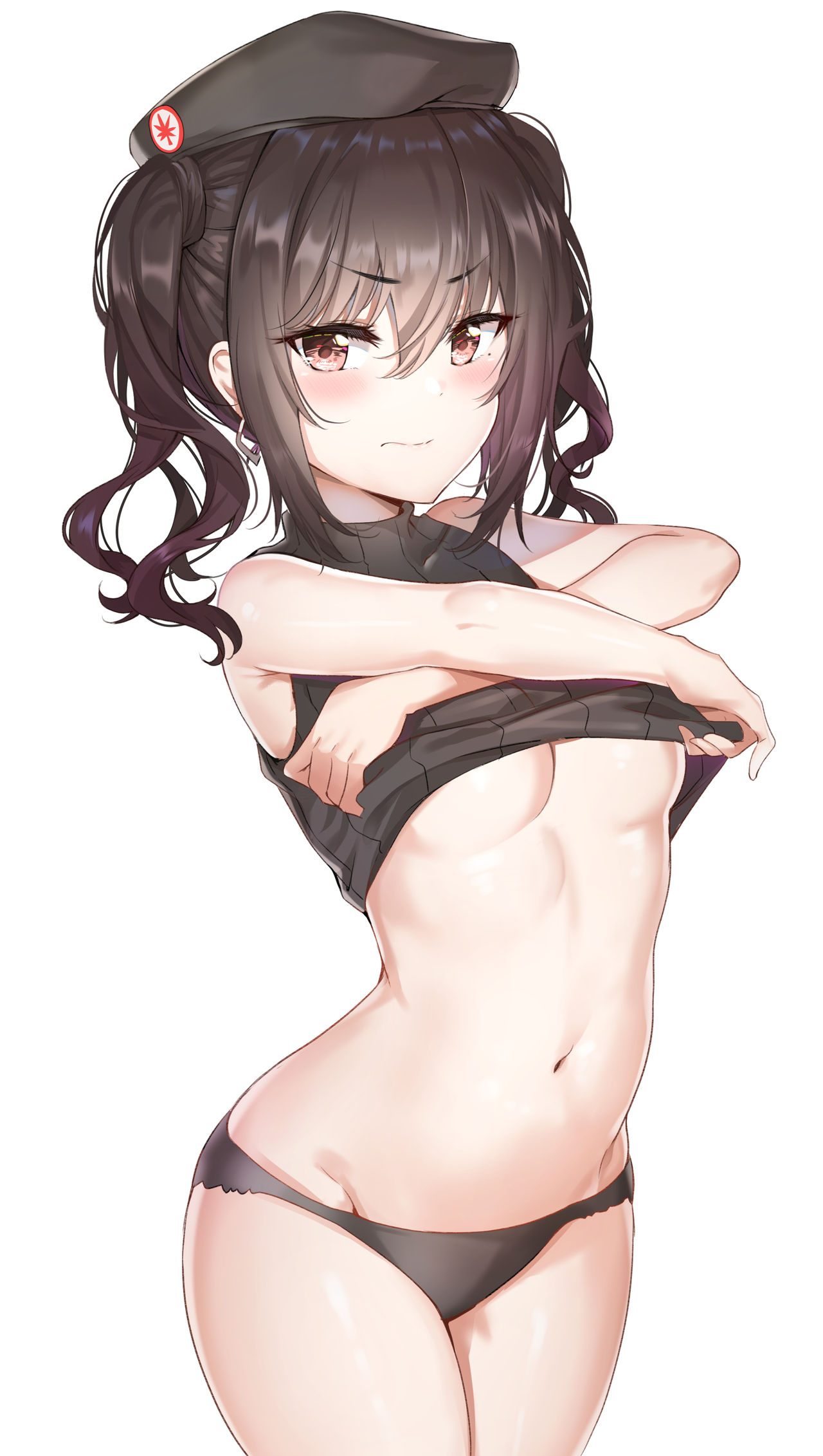 1girls, bangs, belly button, beret, black panties, breasts, brown eyes, brown hair, cowboy shot, earrings, eyebrows visible through hair, female, female only, hair, idolmaster, idolmaster shiny colors, midriff, panties, shirt lift, sleeveless turtleneck, small breasts, solo female, sunazuka akira, sunhyun, underboob, undressing