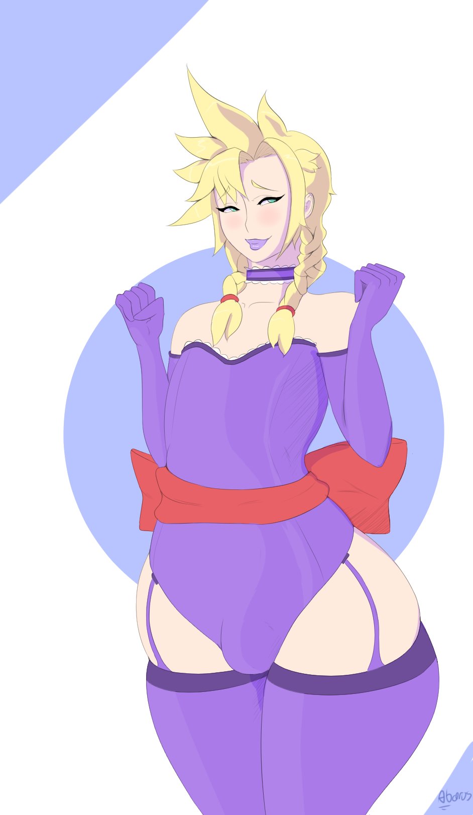 1boy, abarus, androgynous, bulge, canon crossdressing, cloud strife, crossdressing, femboy, final fantasy, final fantasy vii, girly, lipstick, male, male only, solo, thick thighs, thunder head, trap, twin braids