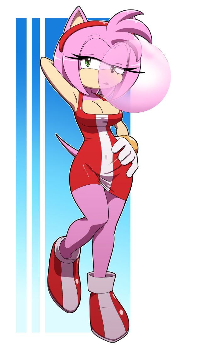 amy_rose anthro big_breasts blowing_bubblegum female female_only furry kojiro-brushard solo sonic_(series)