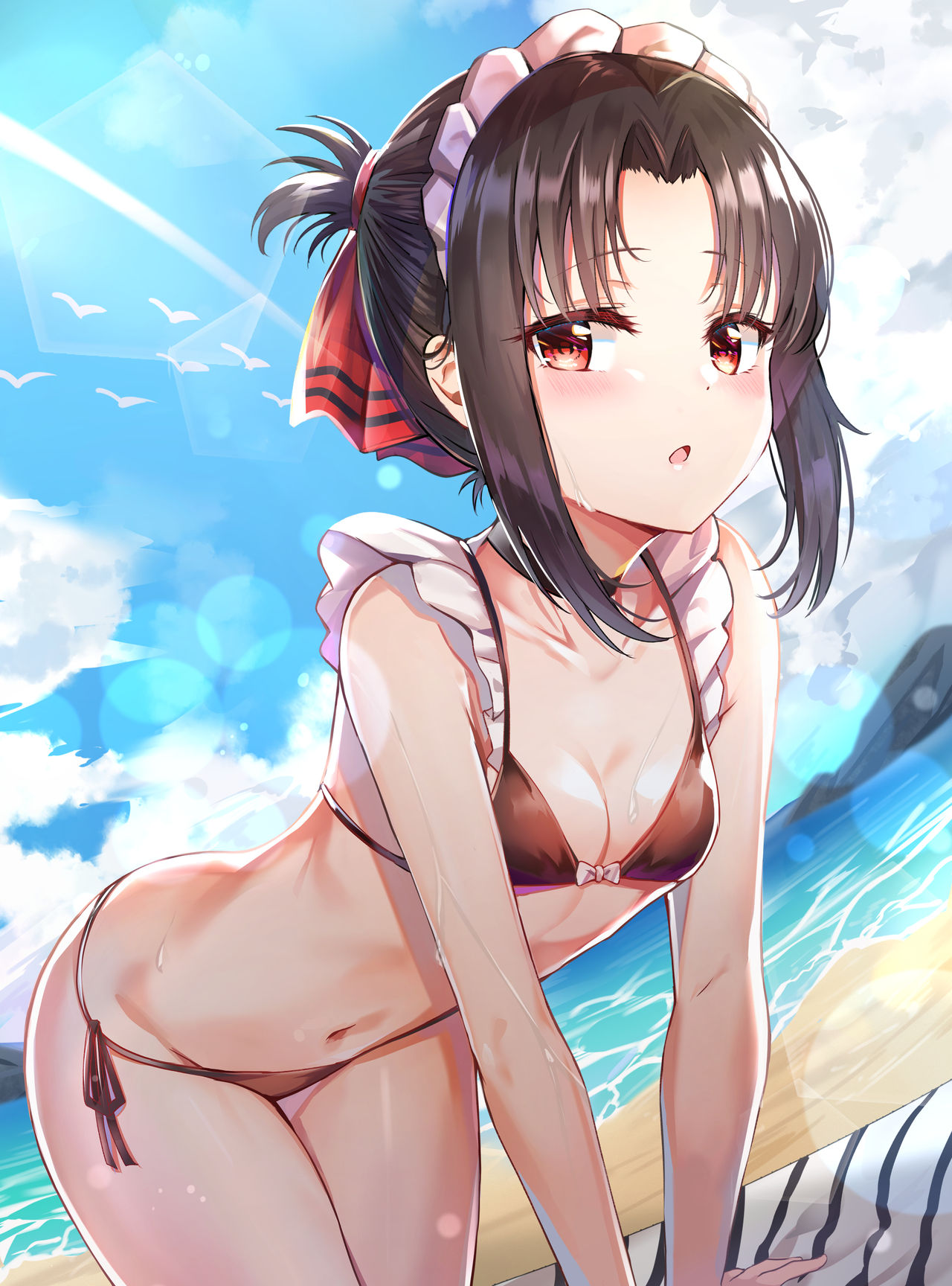 1girls, all fours, bangs, beach, belly button, bikini, black hair, breasts, choker, cowboy shot, detailed background, eyebrows visible through hair, female, female only, hair, hair ribbon, kaguya-sama wa kokurasetai ~tensai-tachi no renai zunousen~, maid headdress, midriff, open mouth, red eyes, shinomiya kaguya, side-tie bikini, small breasts, solo female, sunhyun