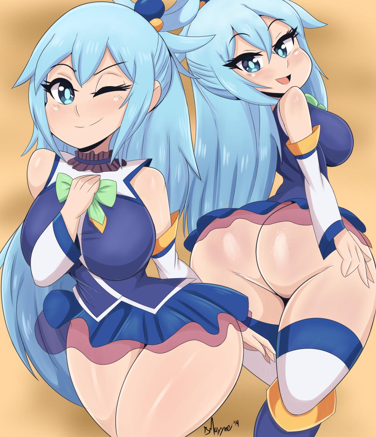1girls, aqua (konosuba), ass, ass focus, big ass, big breasts, big butt, bimbo, bmayneart, breast focus, breasts, bubble ass, bubble butt, busty, butt focus, female, female only, front and back, huge ass, huge breasts, kono subarashii sekai ni shukufuku wo!, large breasts, looking at viewer, looking back, multiple views, thick ass, thick thighs, thighhighs