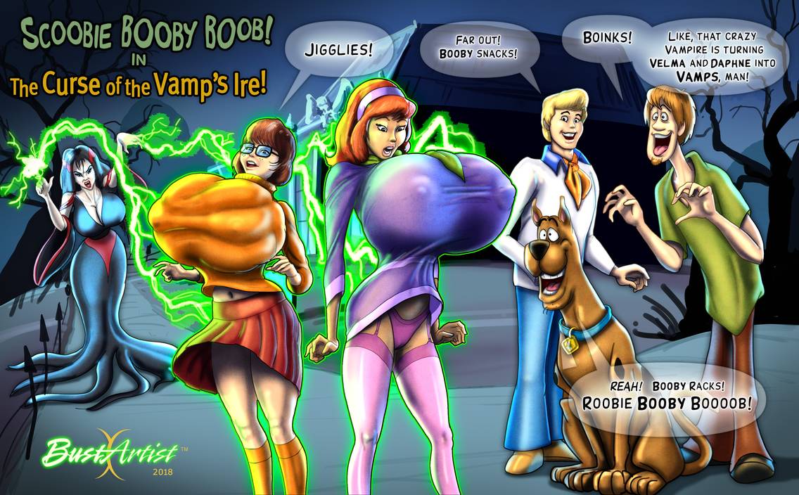 2018, 3boys, 3girls, ascot, belly button, big breasts, blonde hair, blouse, breasts, brown hair, bust, bustartist, busty, canine, cleavage, clothed, clothes, clothing, daphne blake, female, fred jones, hairband, hanna-barbera, happy, hips, huge breasts, hyper breasts, legs, long socks, magic, male, monster, monster girl, navel, nipple bulge, nipples, orange hair, outdoors, panties, parody, purple panties, scooby-doo, scooby-doo (character), shaggy rogers, skirt, socks, straight, surprised, thighhighs, thighs, tongue, tongue out, vampire, velma dinkley, voluptuous, watermark, wide hips