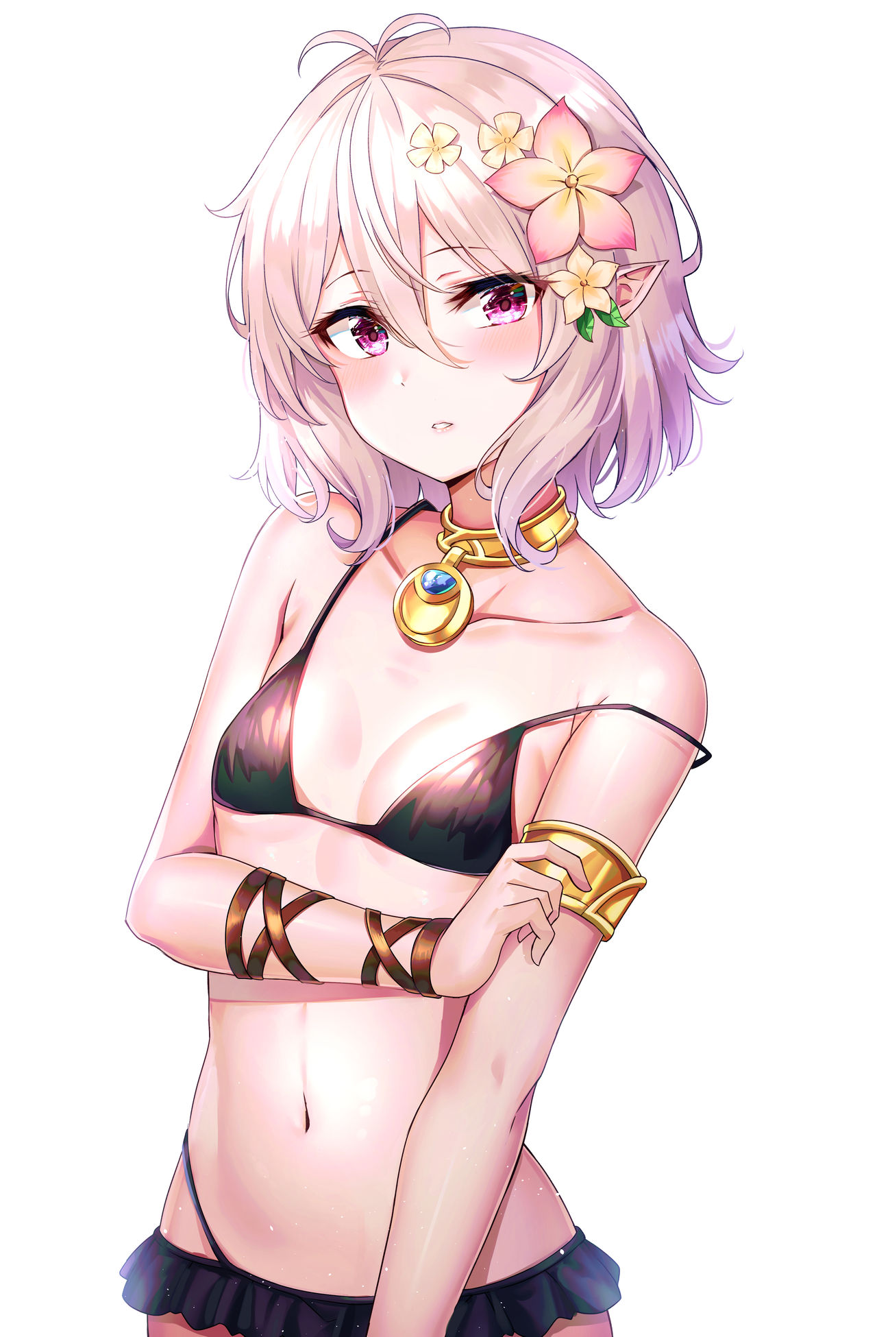1girls, armlet, belly button, bikini, breasts, elf, eyebrows visible through hair, female, female only, flower, flower in hair, kokkoro (princess connect!), necklace, pink hair, pointy ears, princess connect!, princess connect! re:dive, small breasts, solo female, sunhyun, violet eyes