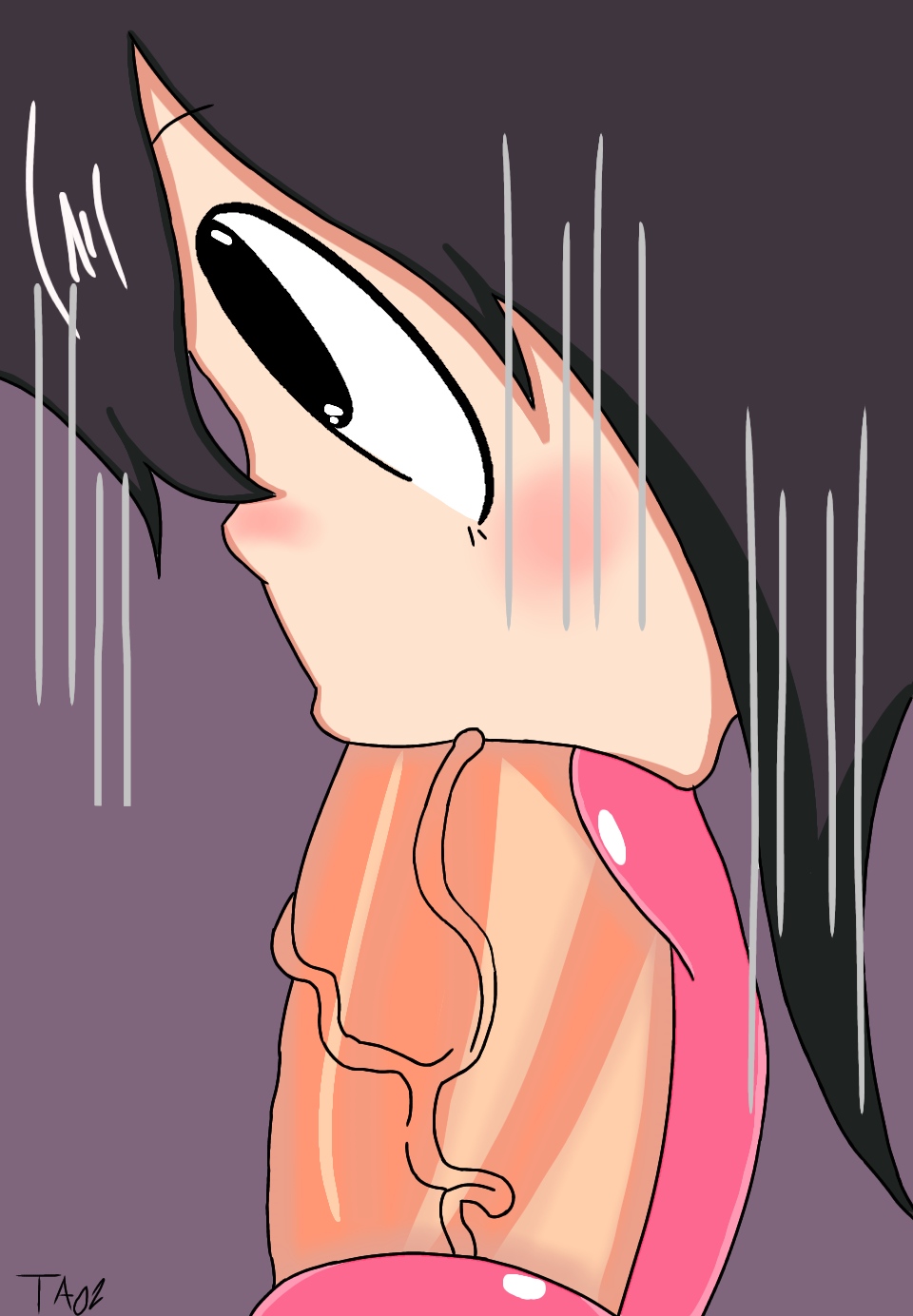 1boy, 1girls, big penis, close-up, fellatio, female, green hair, huge penis, long tongue, male, motion lines, my hero academia, oral, penis, source request, sucking, text, tongue, tongue around penis, tongue wrap, tonguejob, tsuyu asui, veins, watermark