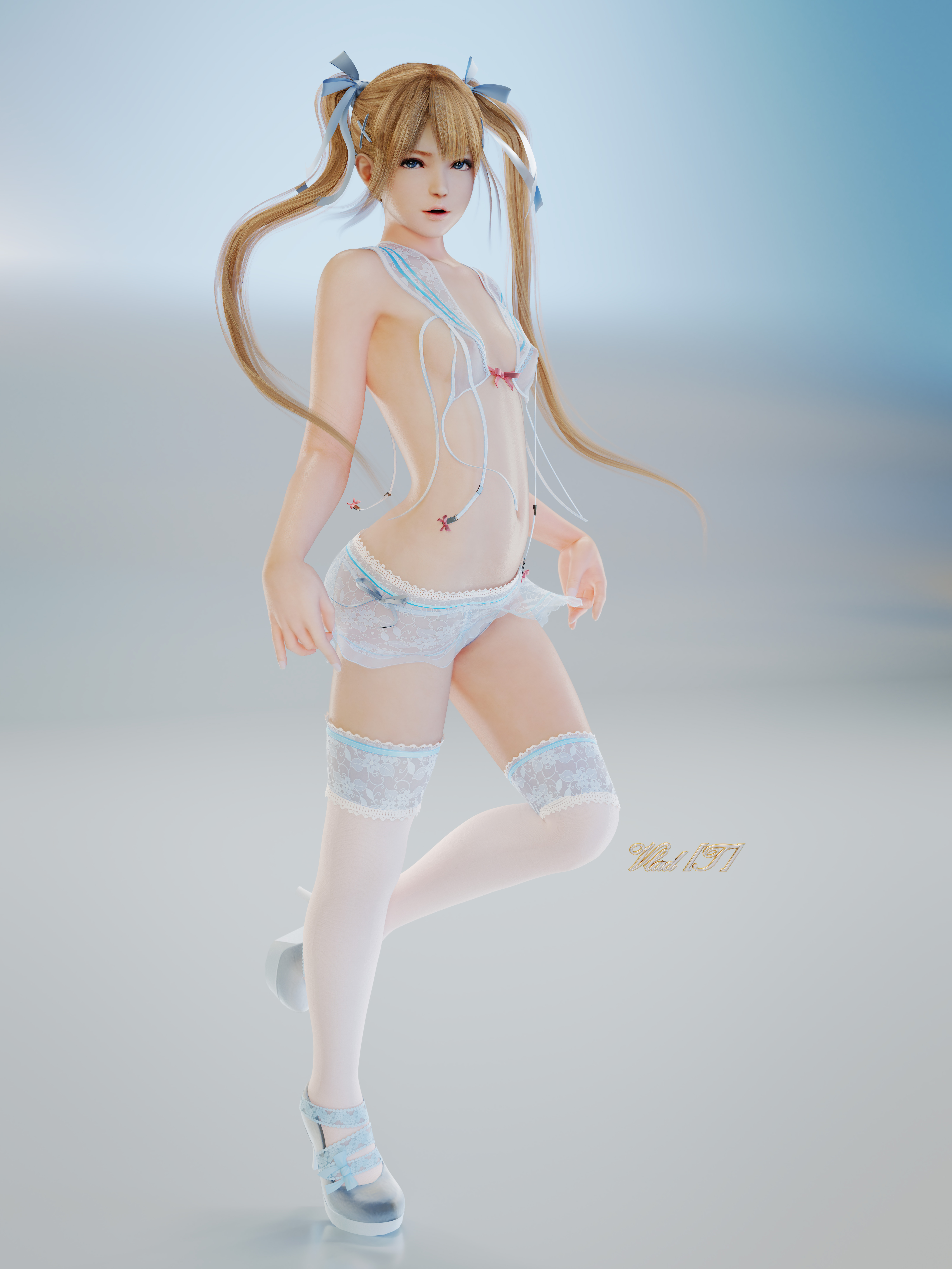 1girls, 3d, belly, blonde hair, blonde-haired female, blue eyes, bra, breasts, clothes, dead or alive, dead or alive 5, eye contact, female, human, leg up, lingerie, long hair, looking at viewer, marie rose, navel, nipples, panties, pose, shoes, sideboob, small breasts, solo, source request, text, thighhighs, twintails, watermark, white background, xvladtepesx