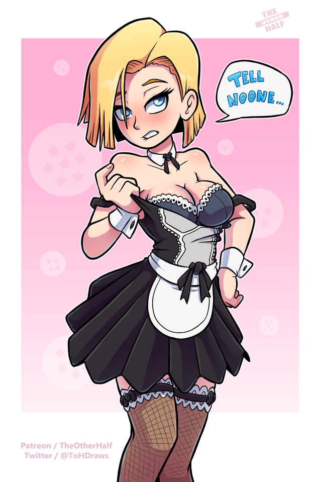 1girls, android, android 18, big breasts, biting lip, blonde hair, blue eyes, blush, breasts, cleavage, dialogue, dragon ball, dragon ball z, female, female only, fishnet, fishnet stockings, fishnets, human, humanoid, lingerie, looking at viewer, maid, maid outfit, maid uniform, solo, speech bubble, stockings, the other half