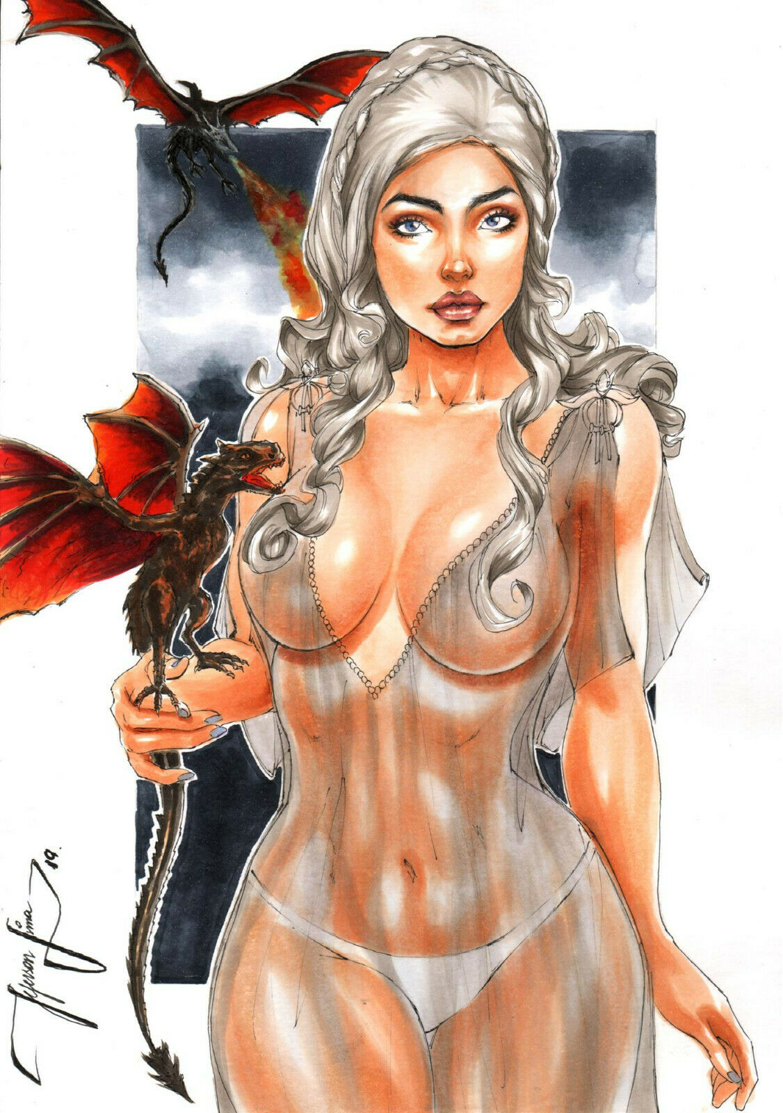 1girls 2019 a_song_of_ice_and_fire belly_button big_breasts big_breasts blue_eyes braid braided_hair breasts busty cleavage cowboy_shot daenerys_targaryen dated dragon dragons dress ed_benes_studio eyeshadow female female_only front_view game_of_thrones hair_covering_breasts human jeferson_lima large_breasts lipstick long_hair makeup mascara midriff navel panties pinup see-through_dress signature solo stomach tan thong transparent_clothing white_hair white_panties white_thong