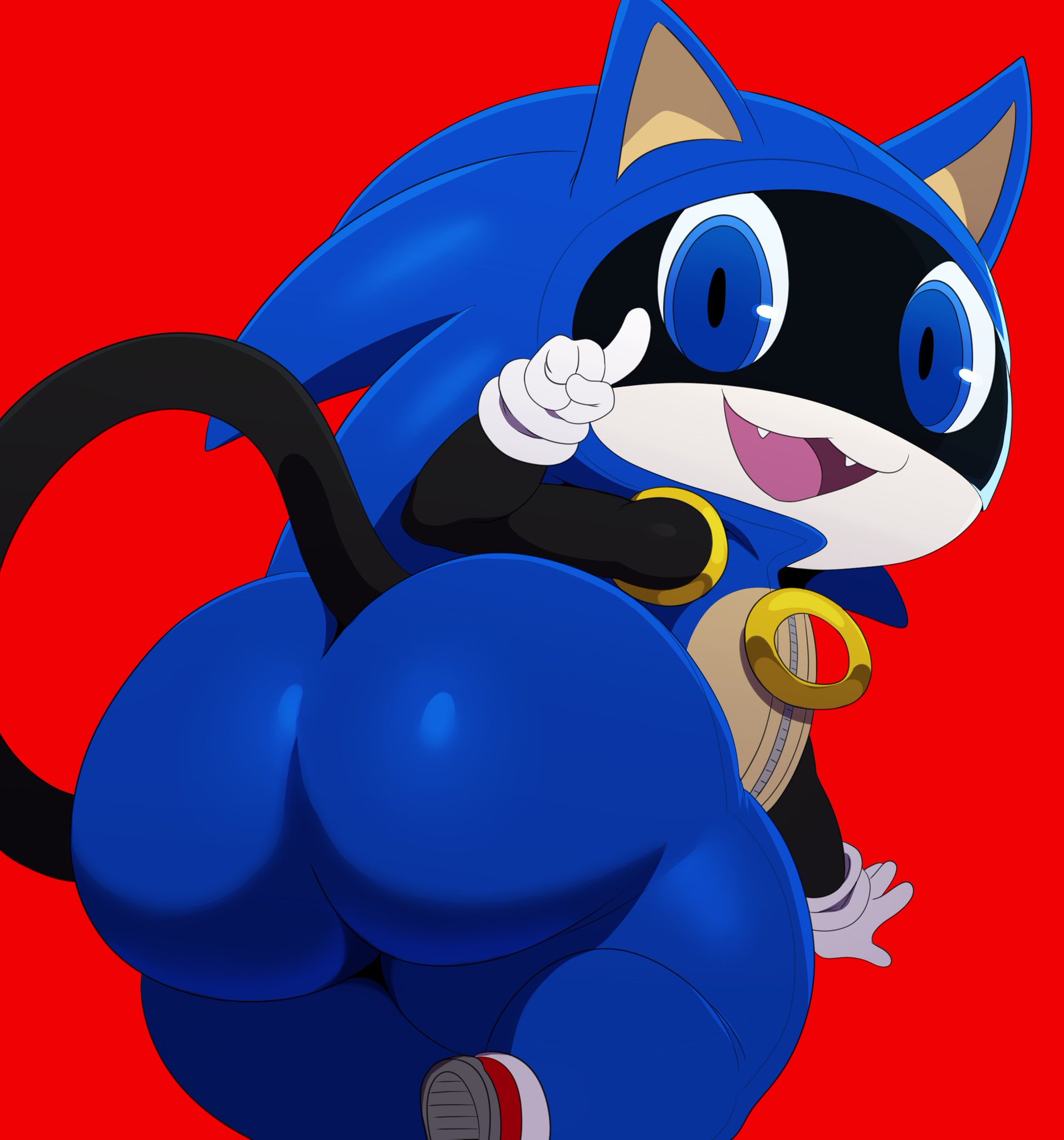 ass, big ass, big butt, black fur, blue eyes, cat tail, costume, feline, finger waving, gloves, hedgehog, male, male only, male shortstack, mask, morgana (persona), persona, persona 5, red background, sega, shortstack, sonic (series), sonic the hedgehog, sssonic2
