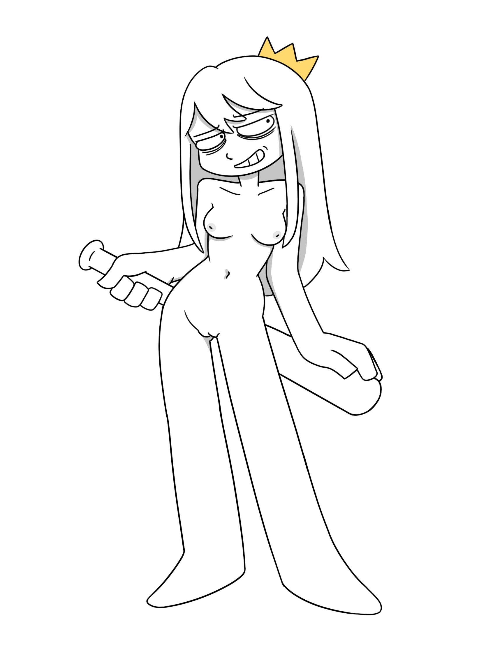 barefoot, baseball bat, bat (object), breasts, casual nudity, crown, female, female focus, female only, hair, headwear, holding, holding object, human, looking away, nervous smile, nipples, nonsexual, nonsexual nudity, nude, pale skin, pussy, smile, solo, solo focus, tabbes, thrumbo, vagina, weapon, white hair, white skin, youtube, youtuber