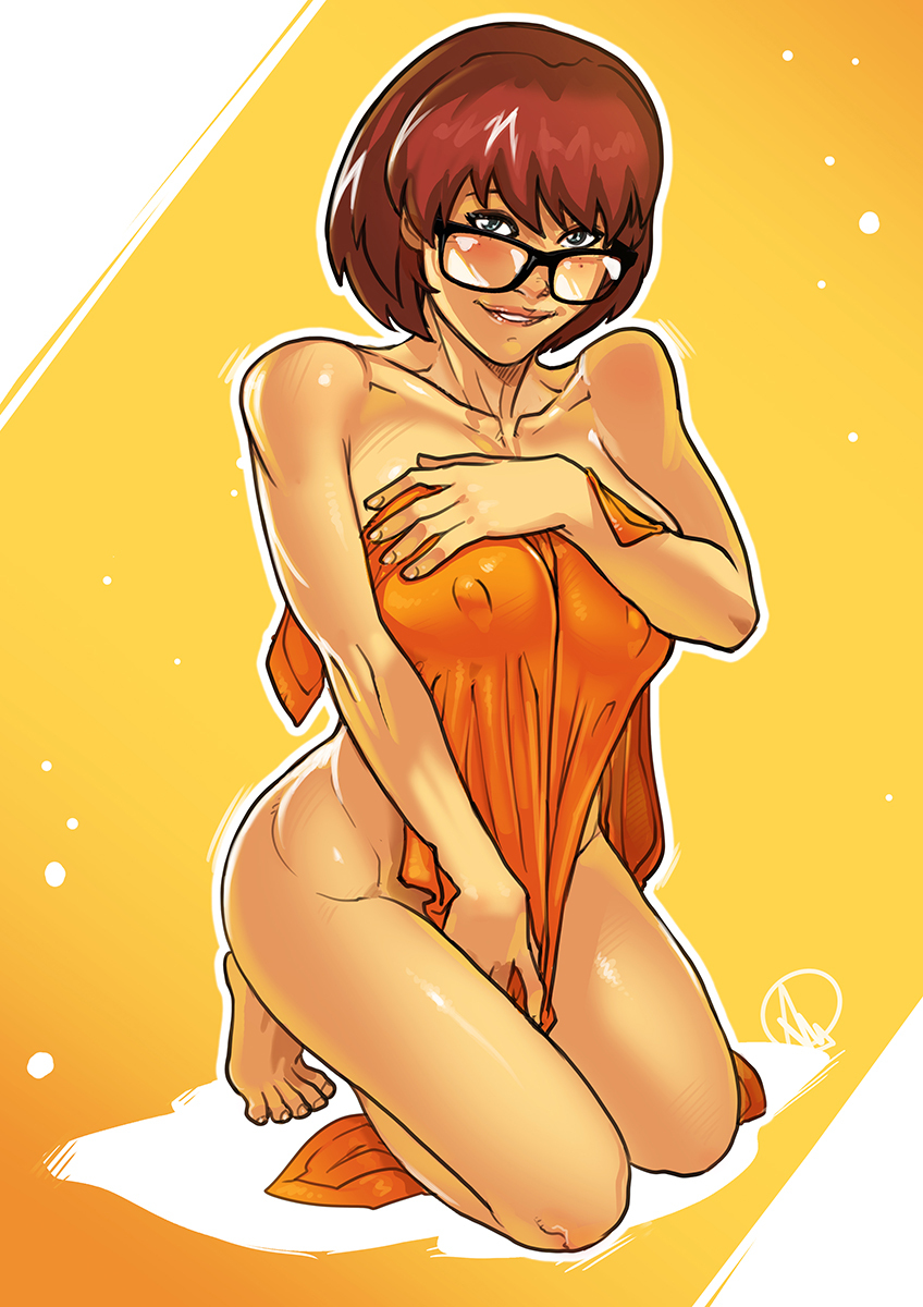 1girls bare_shoulders barefoot brown_hair feet female female_only full_body ganassa glasses hair hanna-barbera looking_at_viewer naked_towel nipple_bulge nude orange_background orange_towel pokies scooby-doo short_hair solo solo_female toenails toes towel velma_dinkley warner_brothers