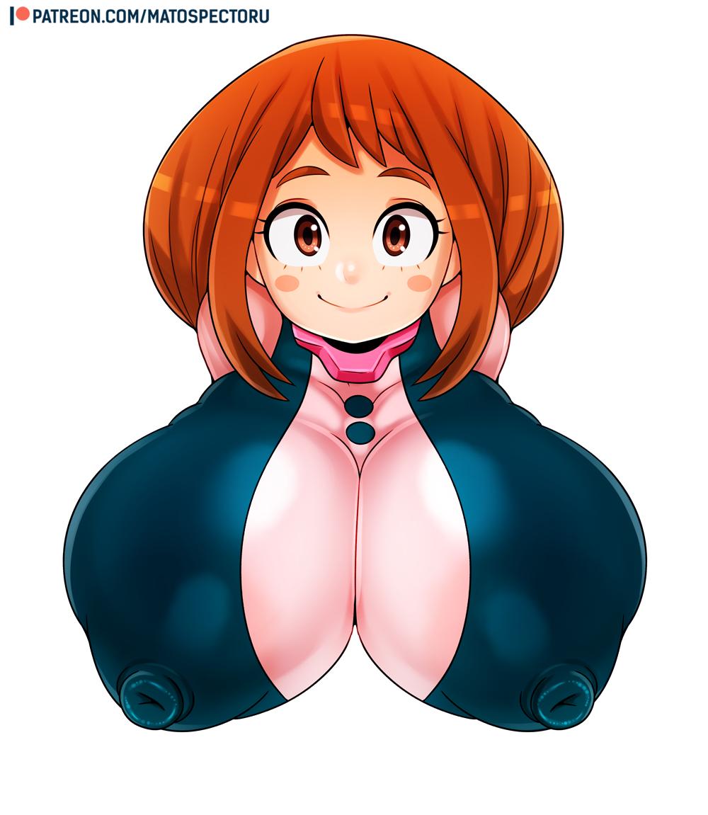 1girls alternate_breast_size artist_name big_breasts breasts brown_hair bust bust_style busty cleavage clothing female female_only hair huge_breasts large_breasts light-skinned_female light_skin matospectoru my_hero_academia nipple_bulge ochako_uraraka patreon shounen_jump solo url watermark